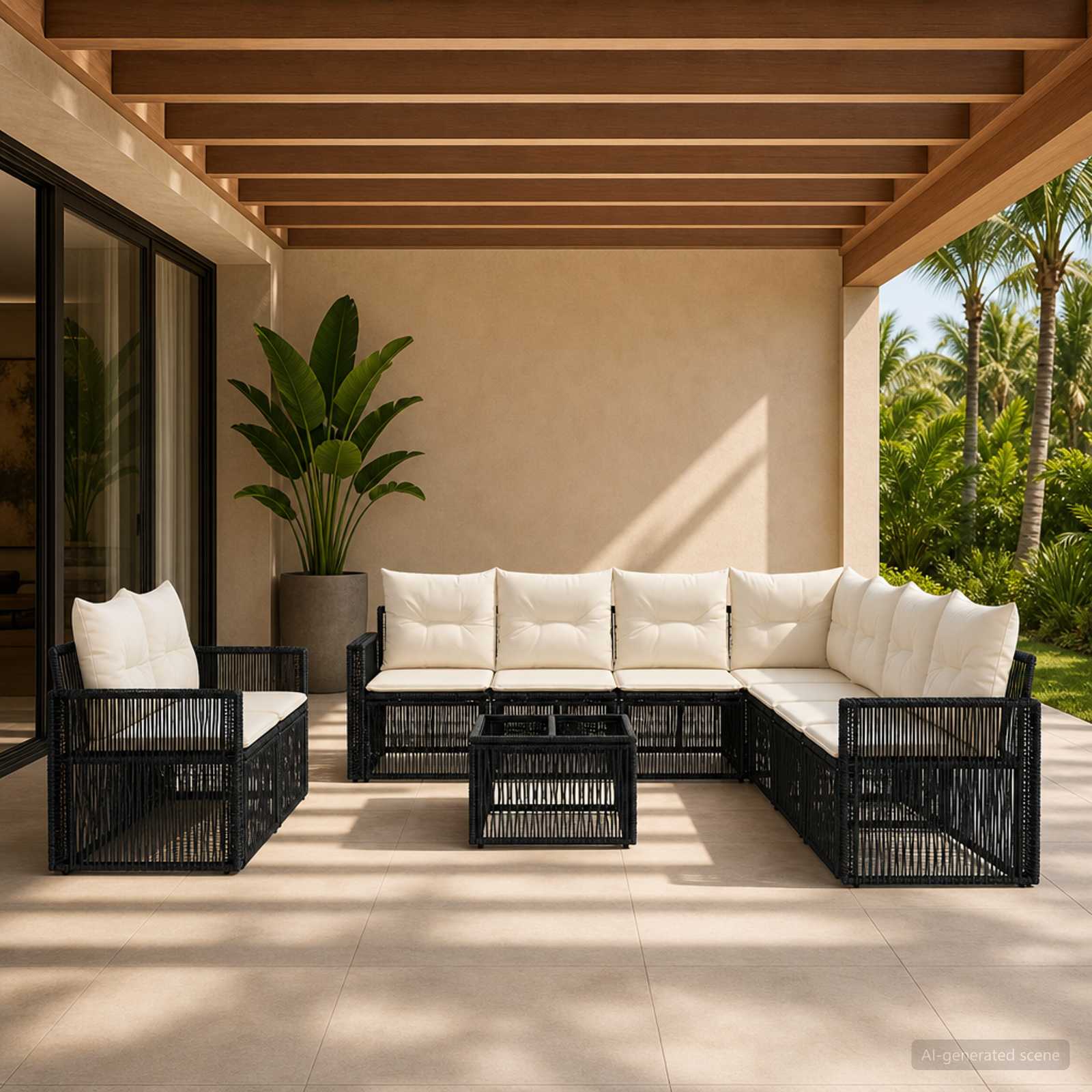 Tuinbankenset 10 pcs Zwart en Cream Wit poly rattan is nu te koop bij PeponiXL, paradijselijk wonen!