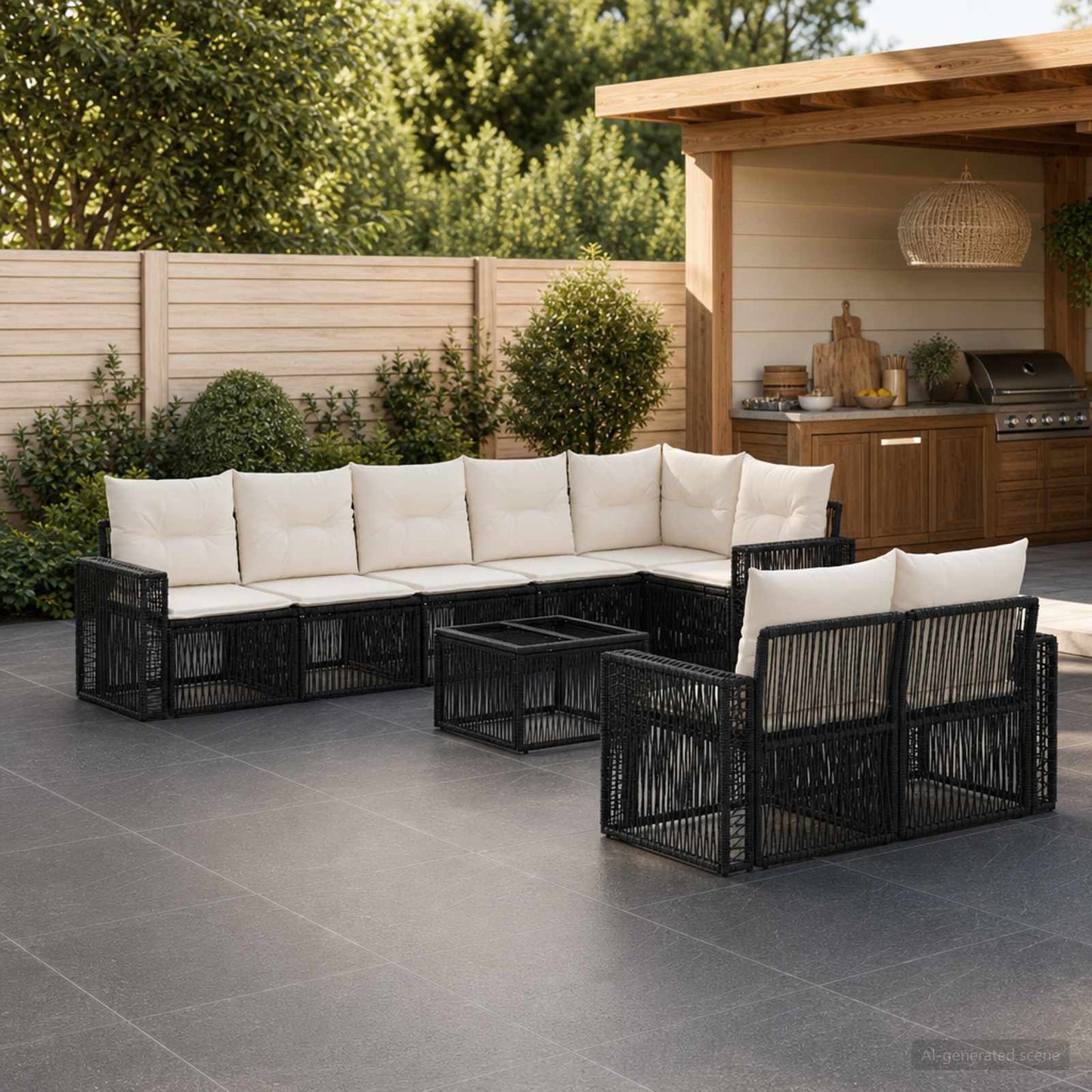 Tuinbankenset 9 pcs Zwart en Cream Wit poly rattan is nu te koop bij PeponiXL, paradijselijk wonen!