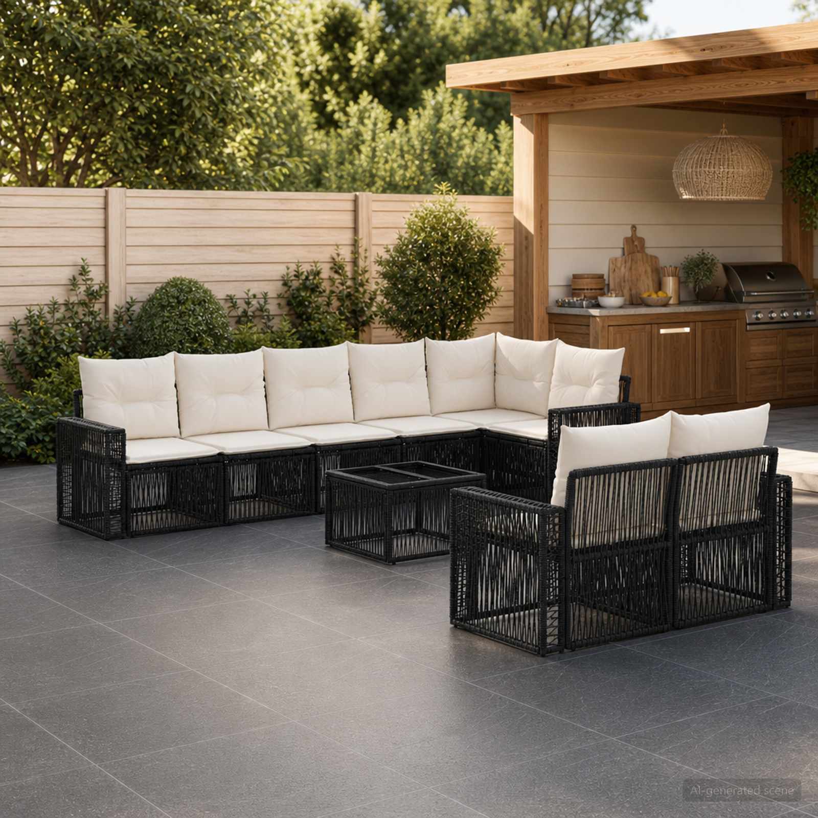 Tuinbankenset 9 pcs Zwart en Cream Wit poly rattan is nu te koop bij PeponiXL, paradijselijk wonen!