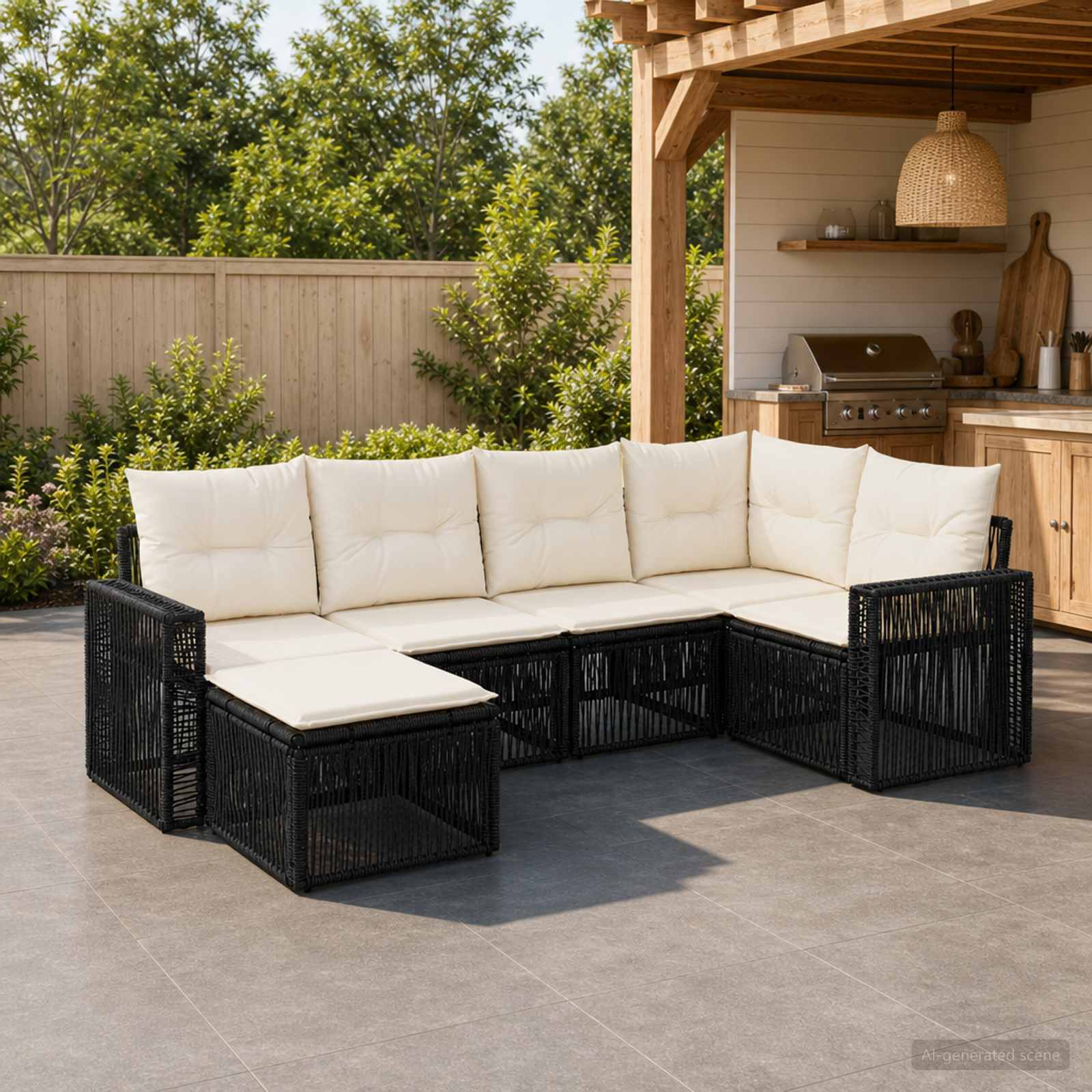 Tuinbankenset 6 pcs Zwart en Cream Wit poly rattan is nu te koop bij PeponiXL, paradijselijk wonen!