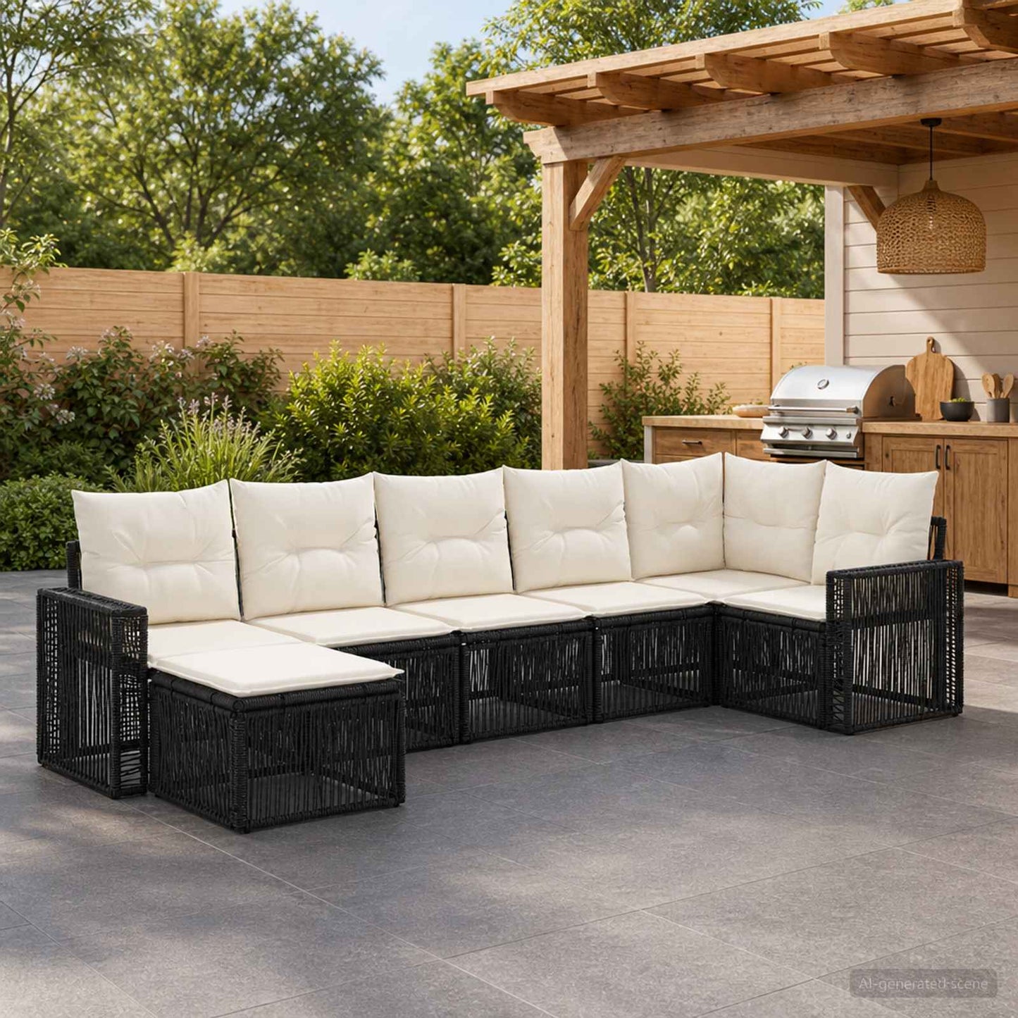 Tuinbankenset 7 pcs Zwart en Cream Wit poly rattan is nu te koop bij PeponiXL, paradijselijk wonen!