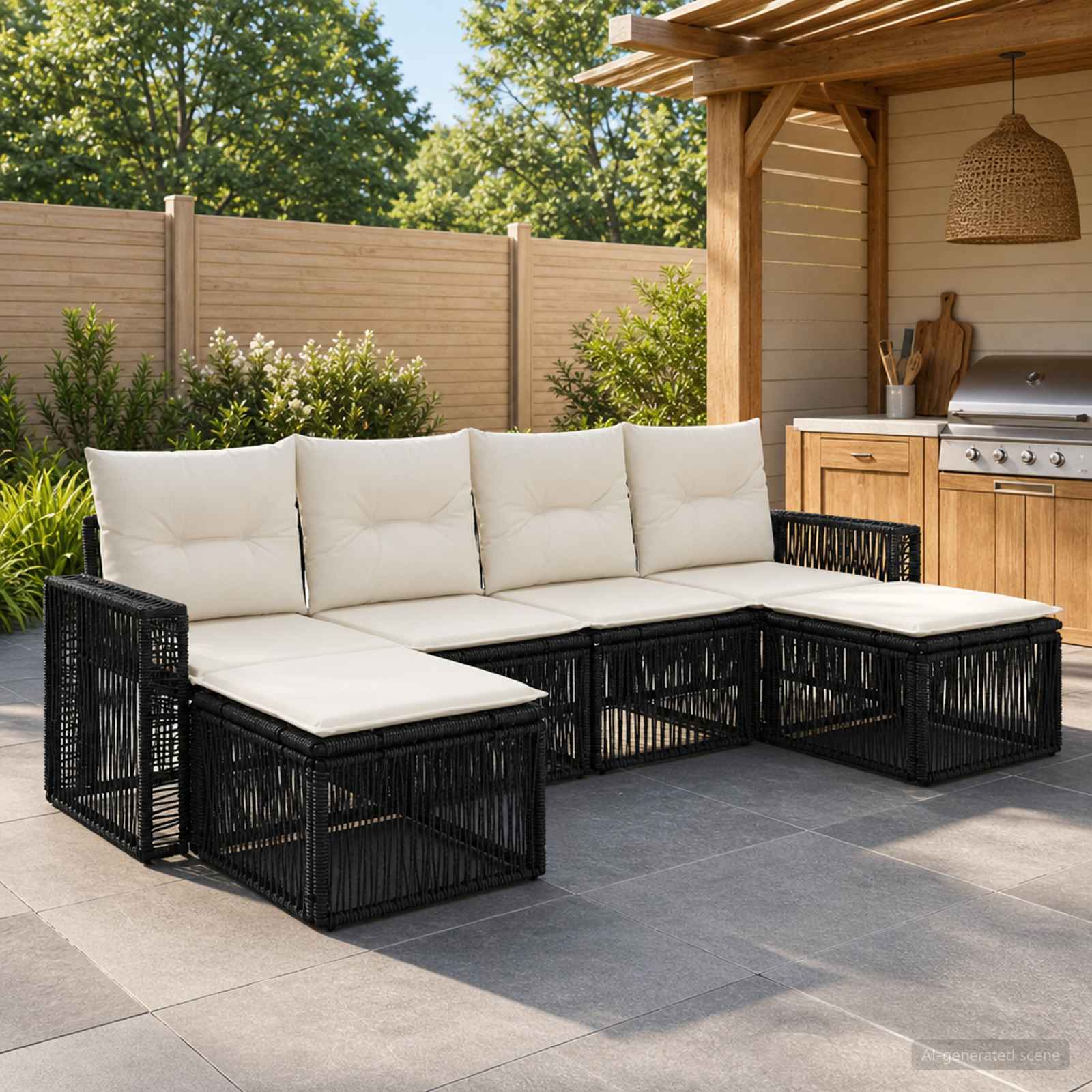 Tuinbankenset 6 pcs Zwart en Cream Wit poly rattan is nu te koop bij PeponiXL, paradijselijk wonen!