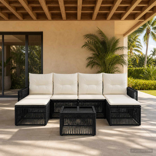 Tuinbankenset 7 pcs Zwart en Cream Wit poly rattan is nu te koop bij PeponiXL, paradijselijk wonen!
