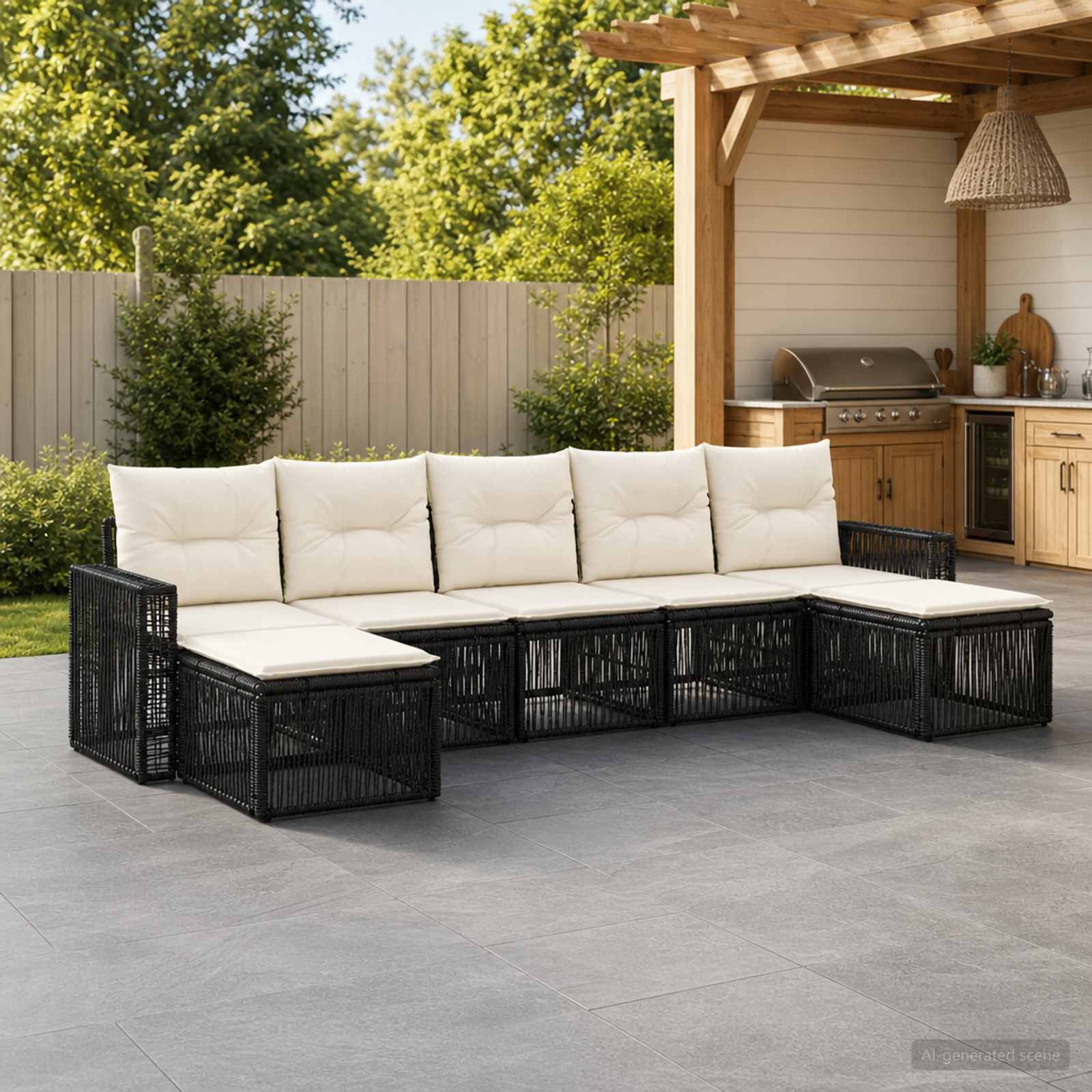 Tuinbankenset 7 pcs Zwart en Cream Wit poly rattan is nu te koop bij PeponiXL, paradijselijk wonen!