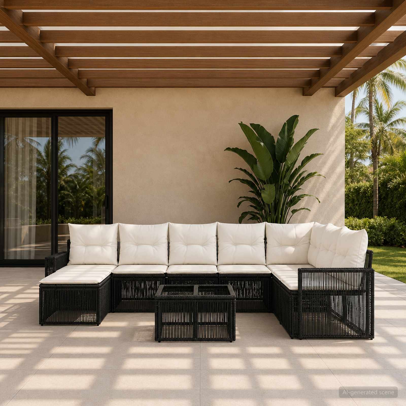 Tuinbankenset 9 pcs Zwart en Cream Wit poly rattan is nu te koop bij PeponiXL, paradijselijk wonen!