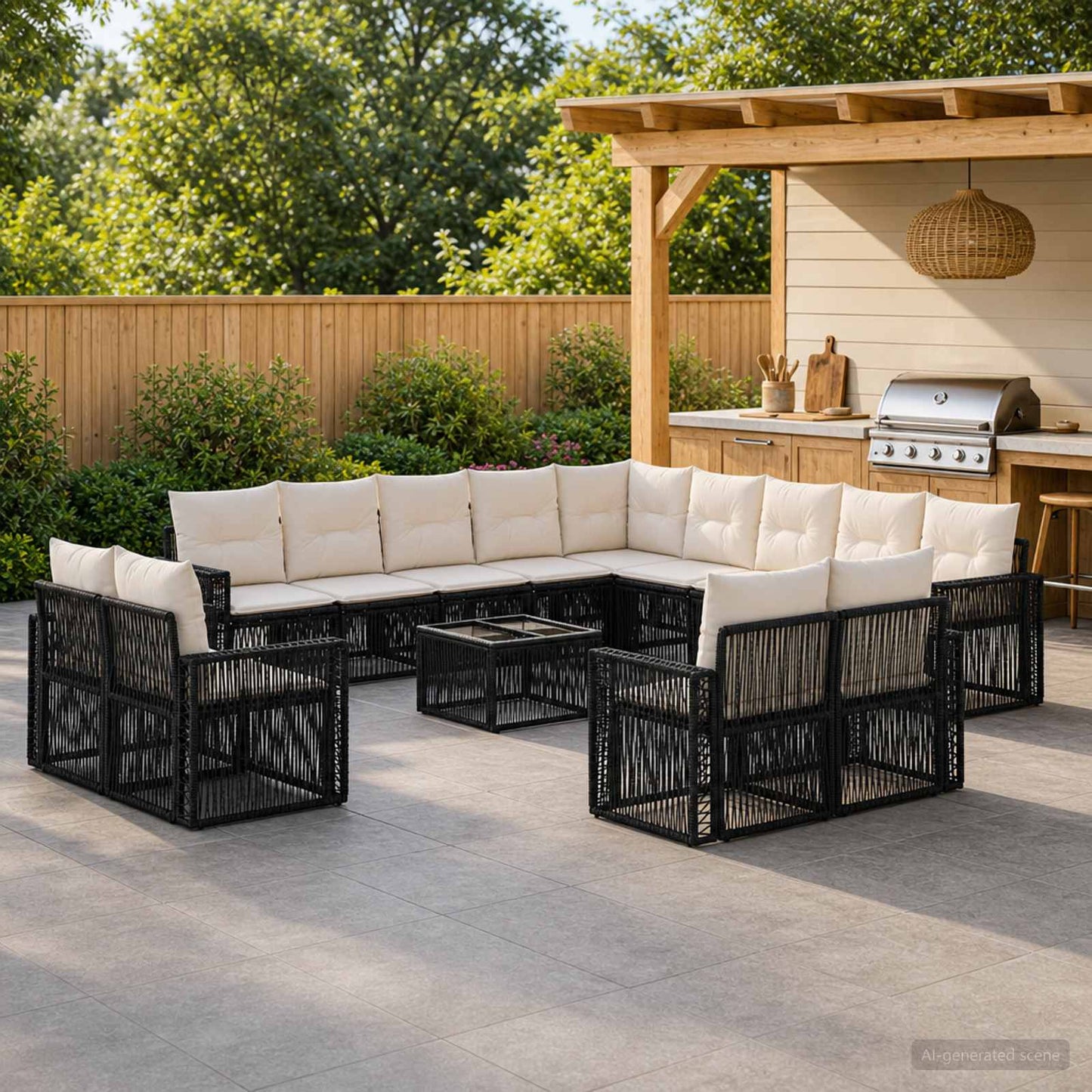Tuinbankenset 14 pcs Zwart en Cream Wit poly rattan is nu te koop bij PeponiXL, paradijselijk wonen!