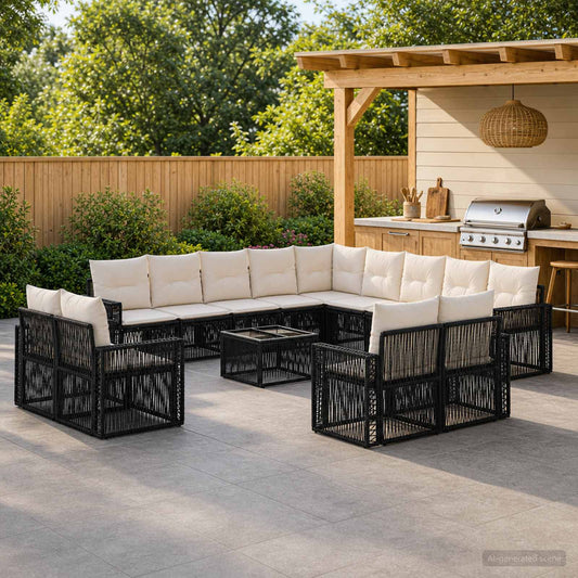 Tuinbankenset 14 pcs Zwart en Cream Wit poly rattan is nu te koop bij PeponiXL, paradijselijk wonen!