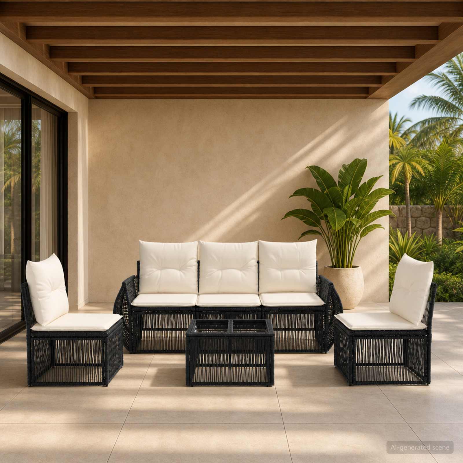 Tuinbankenset 6 pcs Zwart en Cream Wit poly rattan is nu te koop bij PeponiXL, paradijselijk wonen!