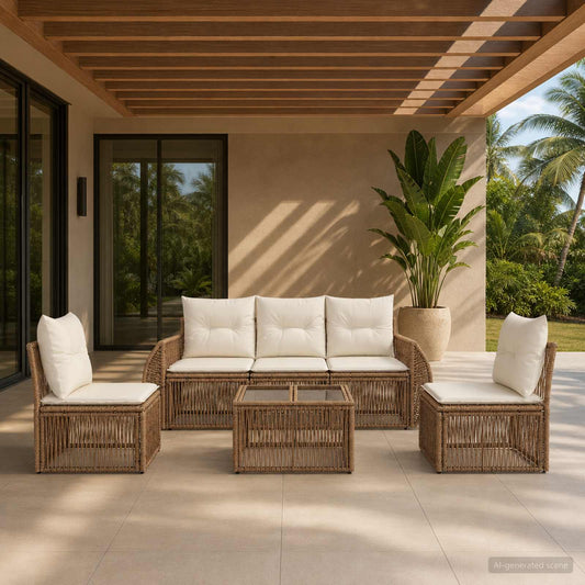 Tuinbankenset 6 pcs Beige en Crème Wit poly rattan is nu te koop bij PeponiXL, paradijselijk wonen!