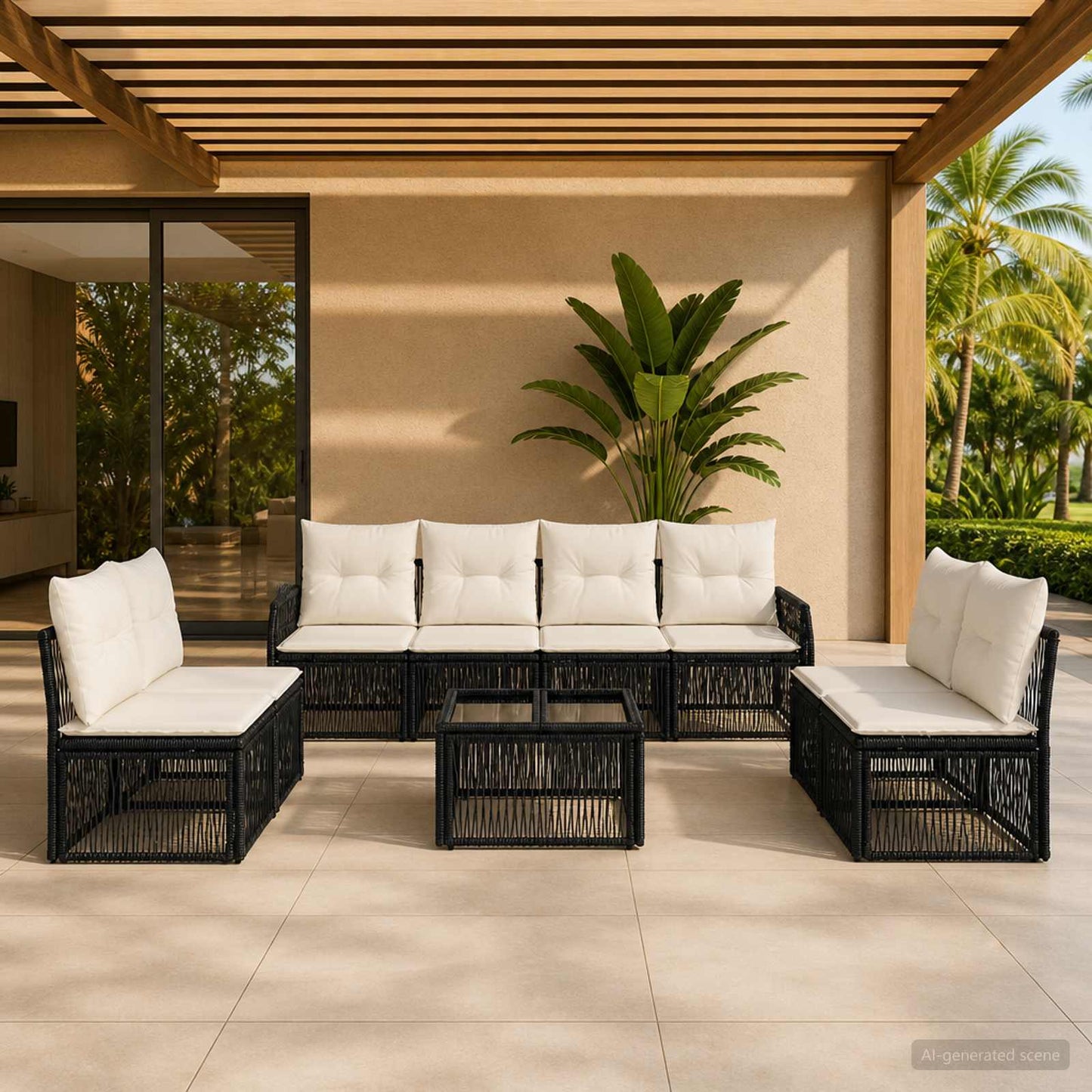 Tuinbankenset 9 pcs Zwart en Cream Wit poly rattan is nu te koop bij PeponiXL, paradijselijk wonen!