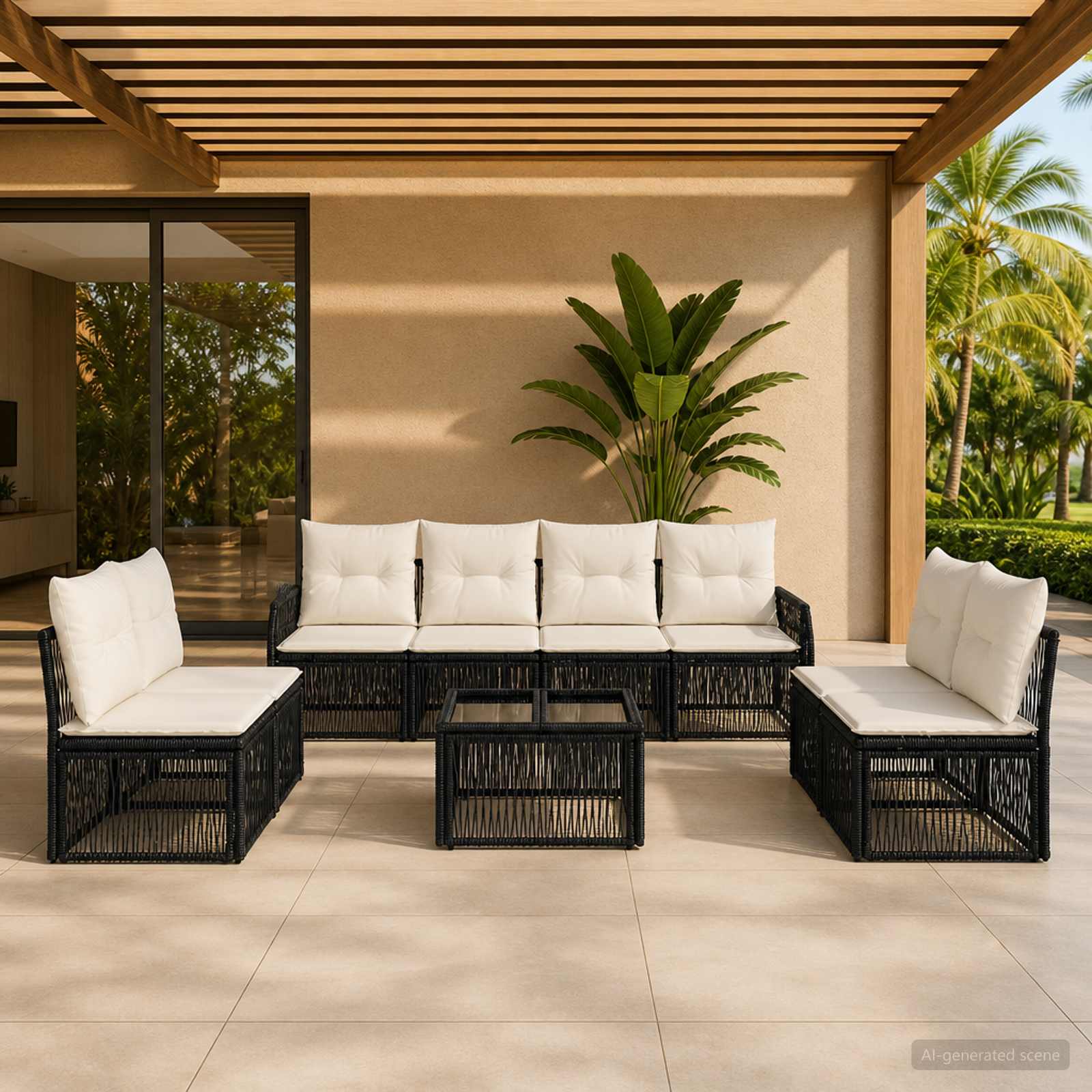Tuinbankenset 9 pcs Zwart en Cream Wit poly rattan is nu te koop bij PeponiXL, paradijselijk wonen!