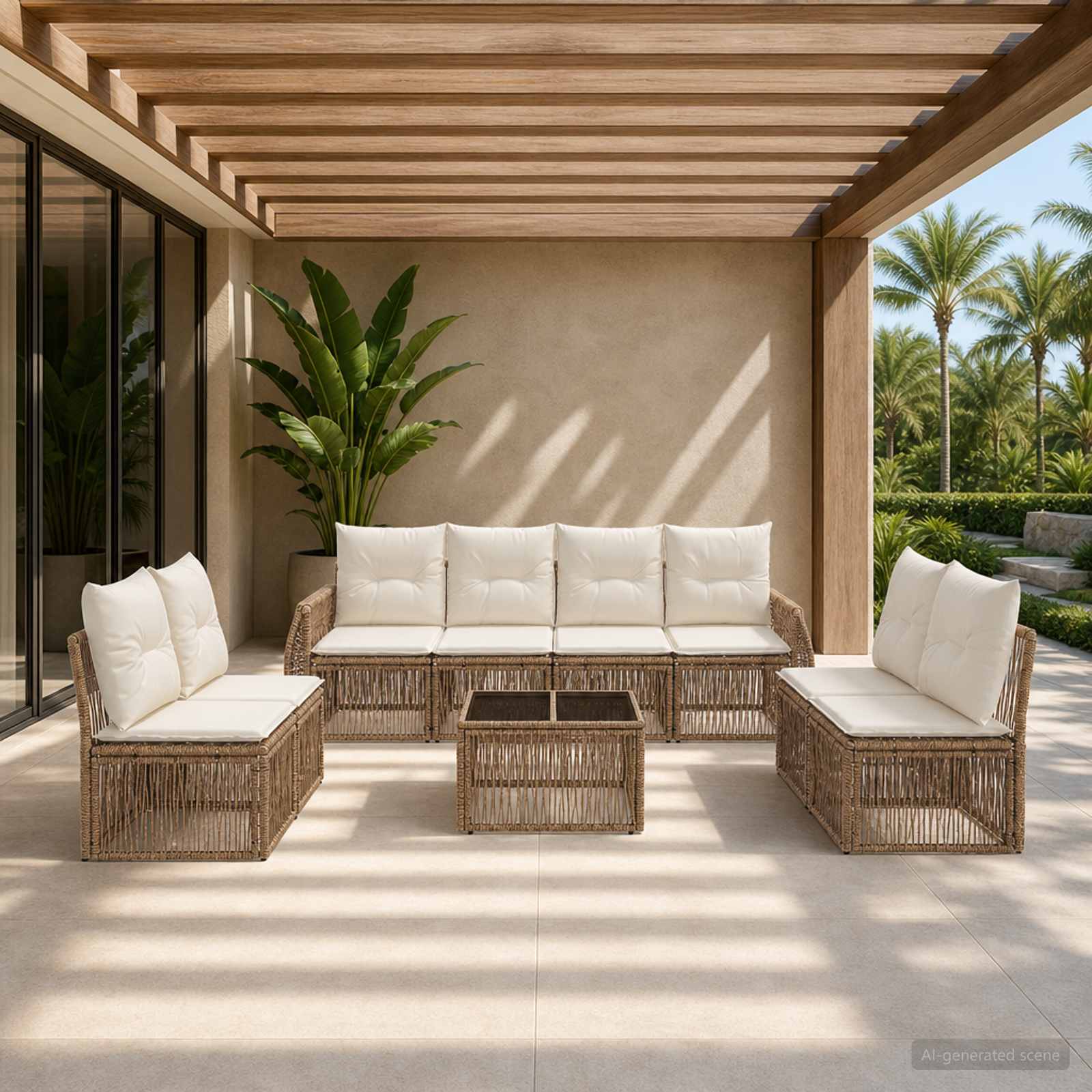 Tuinbankenset 9 pcs Beige en Crème Wit poly rattan is nu te koop bij PeponiXL, paradijselijk wonen!