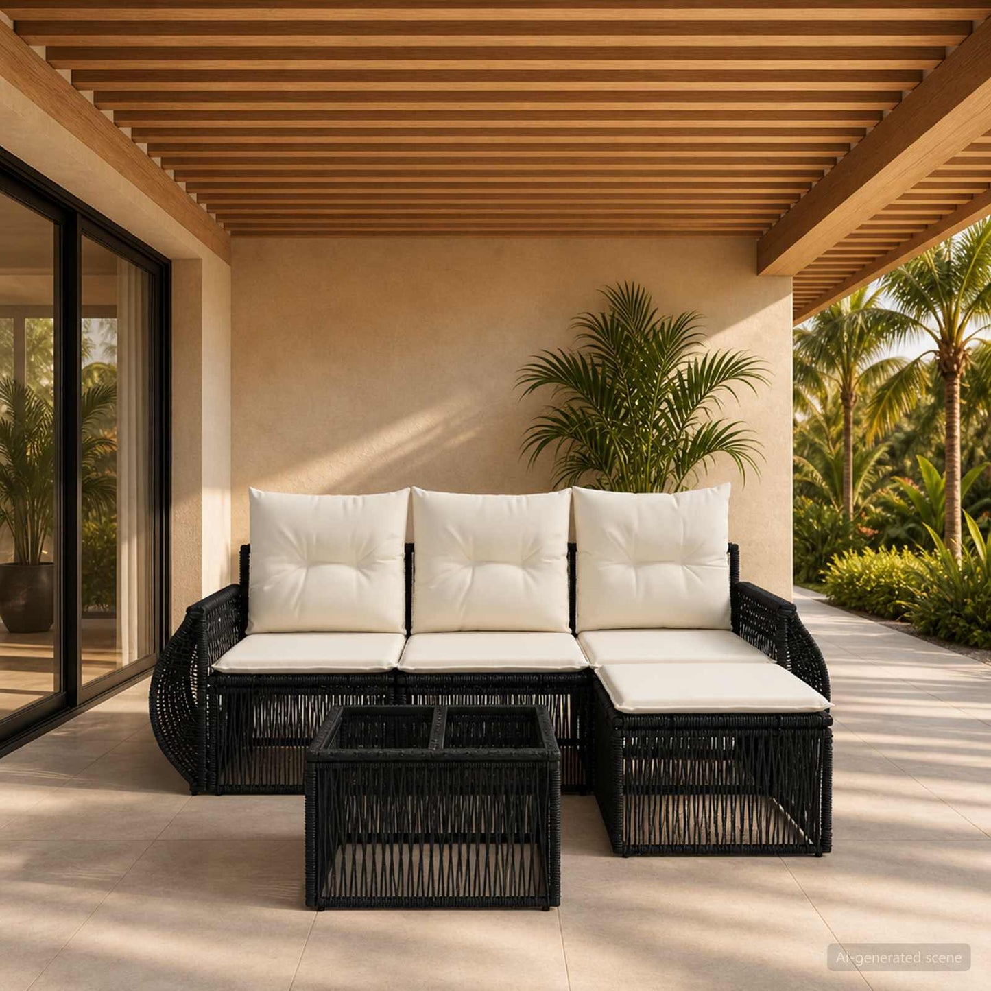 Tuinbankenset 5 pcs Zwart en Cream Wit poly rattan is nu te koop bij PeponiXL, paradijselijk wonen!