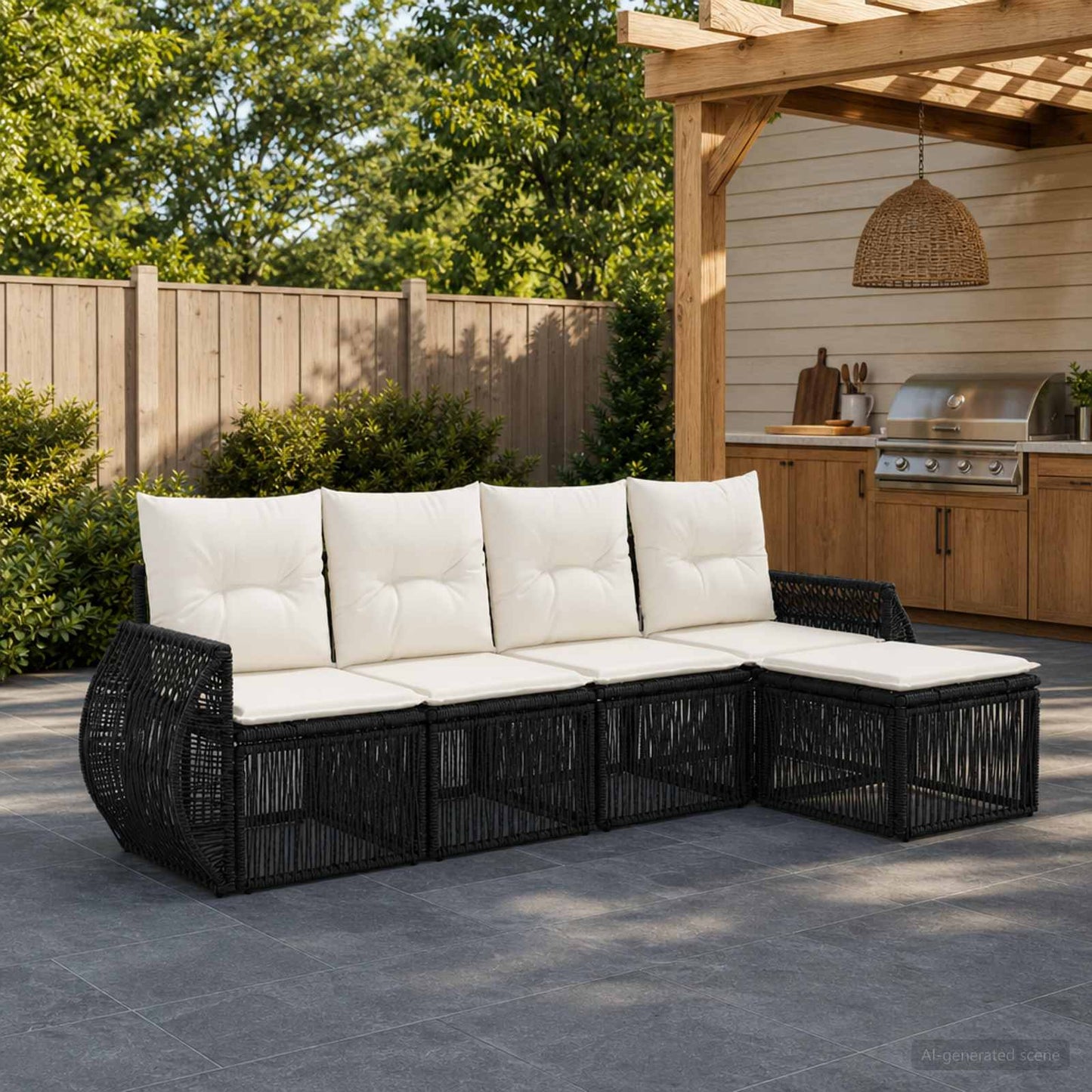 Tuinbankenset 5 pcs Zwart en Cream Wit poly rattan is nu te koop bij PeponiXL, paradijselijk wonen!