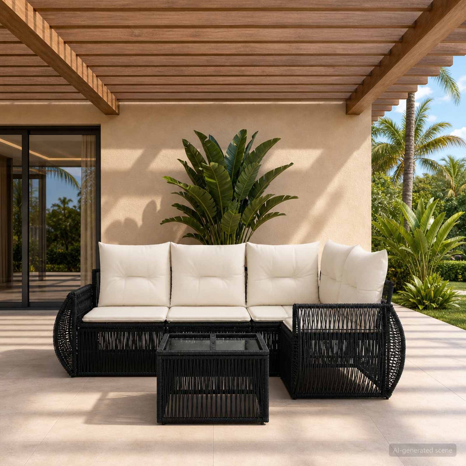 Tuinbankenset 5 pcs Zwart en Cream Wit poly rattan is nu te koop bij PeponiXL, paradijselijk wonen!