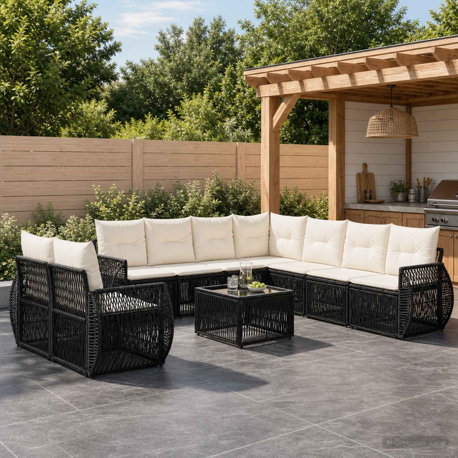 Tuinbankenset 10 pcs Zwart en Cream Wit poly rattan is nu te koop bij PeponiXL, paradijselijk wonen!