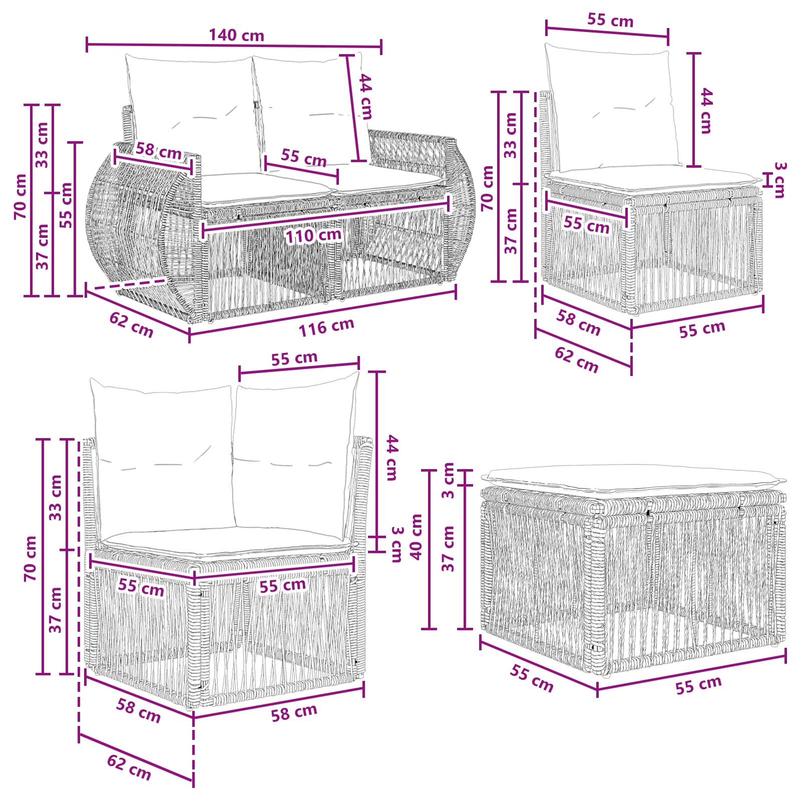 Tuinbankenset 6 pcs Zwart en Cream Wit poly rattan is nu te koop bij PeponiXL, paradijselijk wonen!