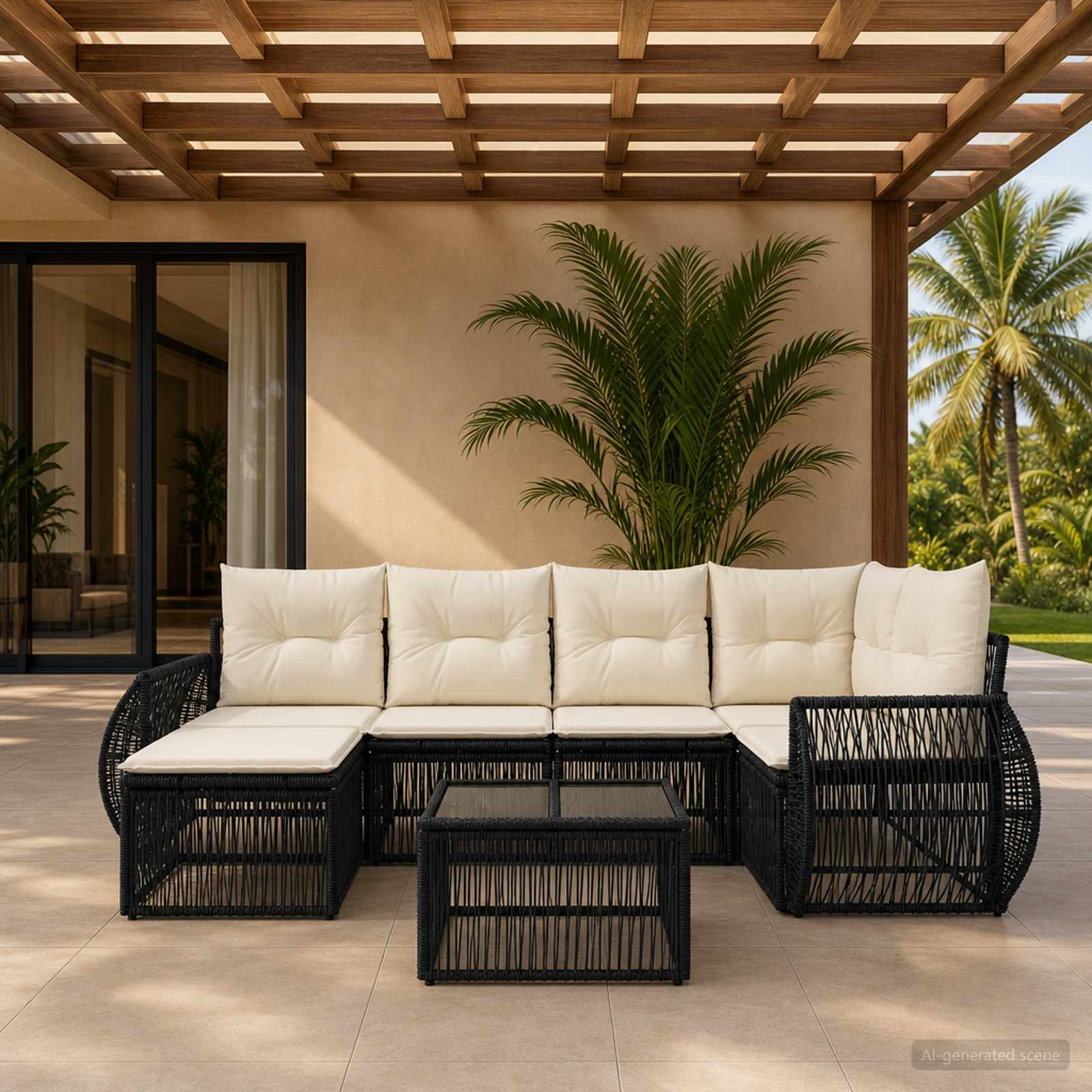 Tuinbankenset 7 pcs Zwart en Cream Wit poly rattan is nu te koop bij PeponiXL, paradijselijk wonen!
