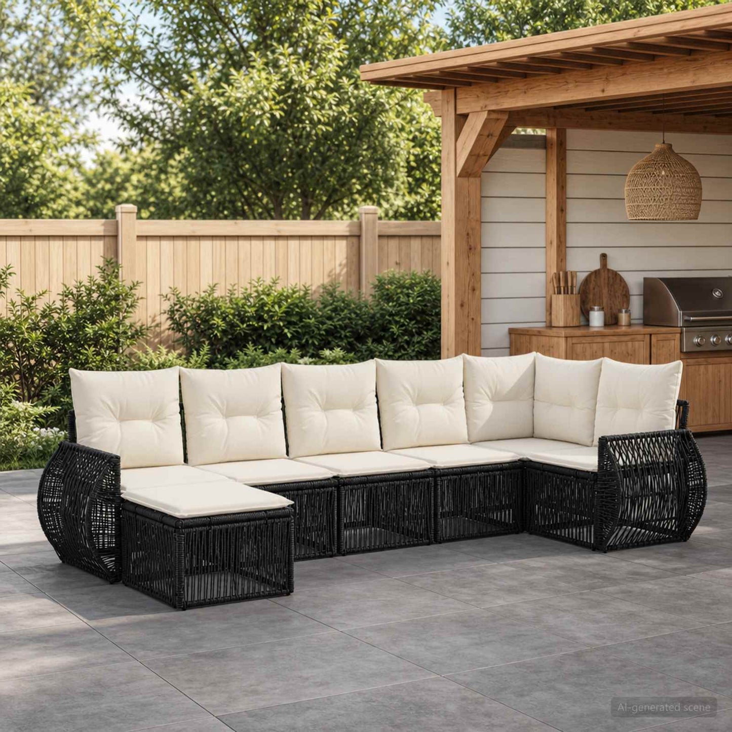 Tuinbankenset 7 pcs Zwart en Cream Wit poly rattan is nu te koop bij PeponiXL, paradijselijk wonen!