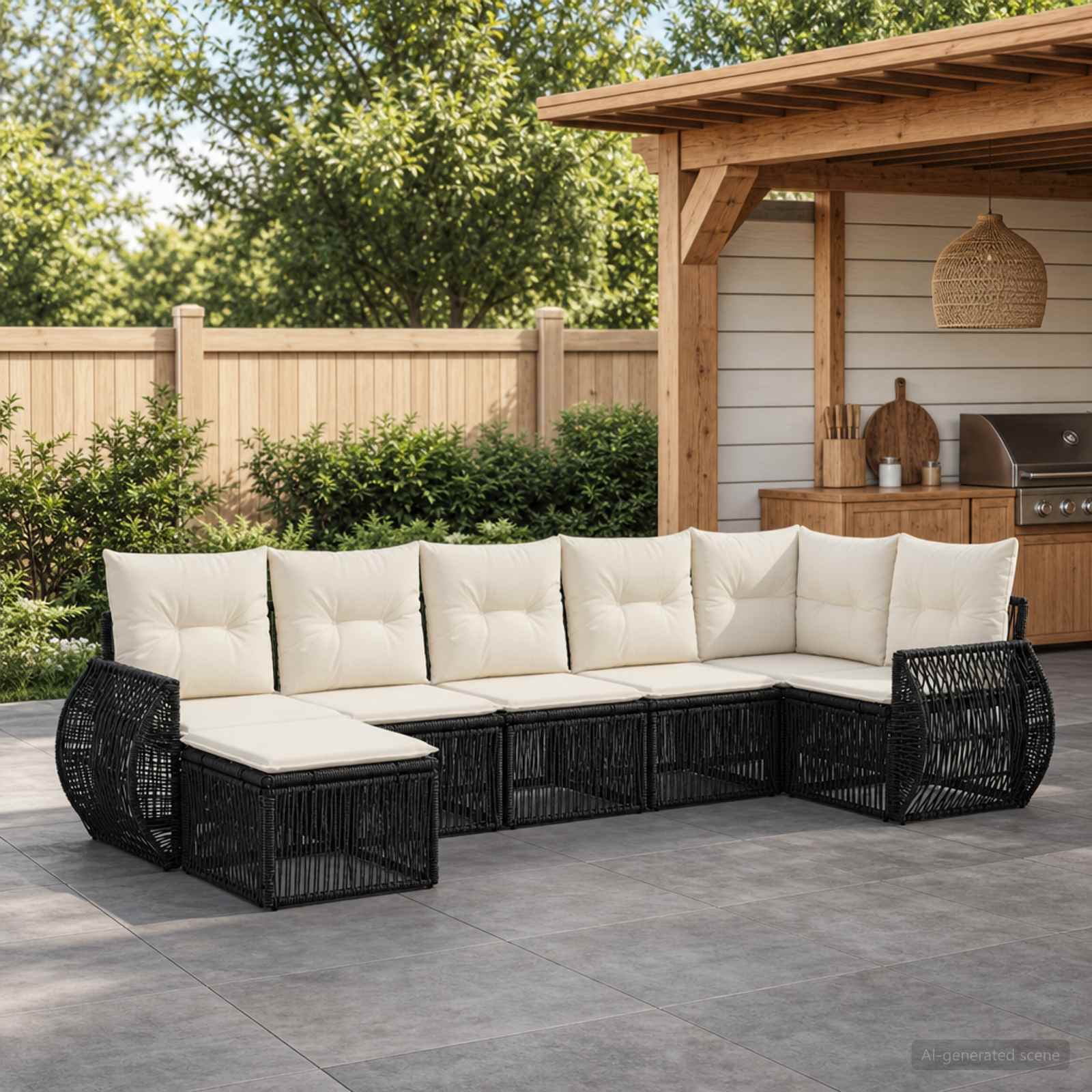 Tuinbankenset 7 pcs Zwart en Cream Wit poly rattan is nu te koop bij PeponiXL, paradijselijk wonen!