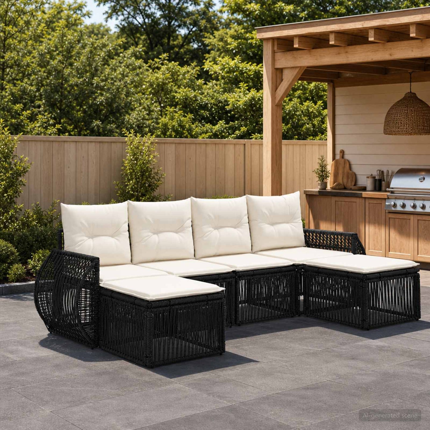 Tuinbankenset 6 pcs Zwart en Cream Wit poly rattan is nu te koop bij PeponiXL, paradijselijk wonen!