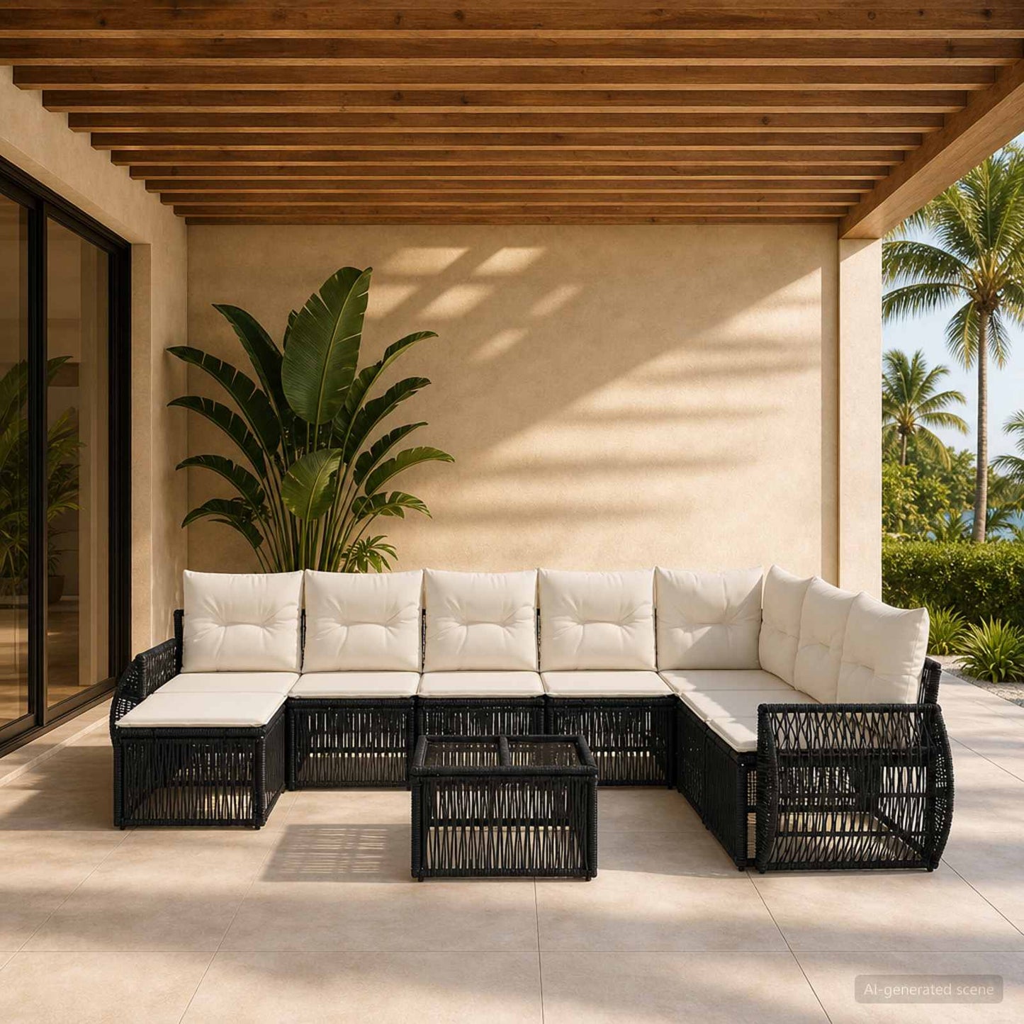 Tuinbankenset 9 pcs Zwart en Cream Wit poly rattan is nu te koop bij PeponiXL, paradijselijk wonen!