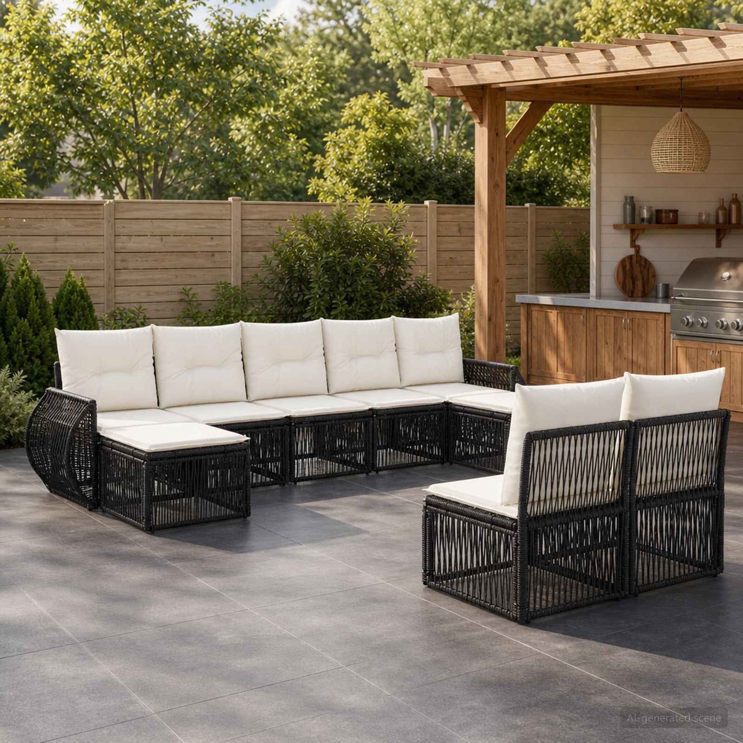 Tuinbankenset 9 pcs Zwart en Cream Wit poly rattan is nu te koop bij PeponiXL, paradijselijk wonen!