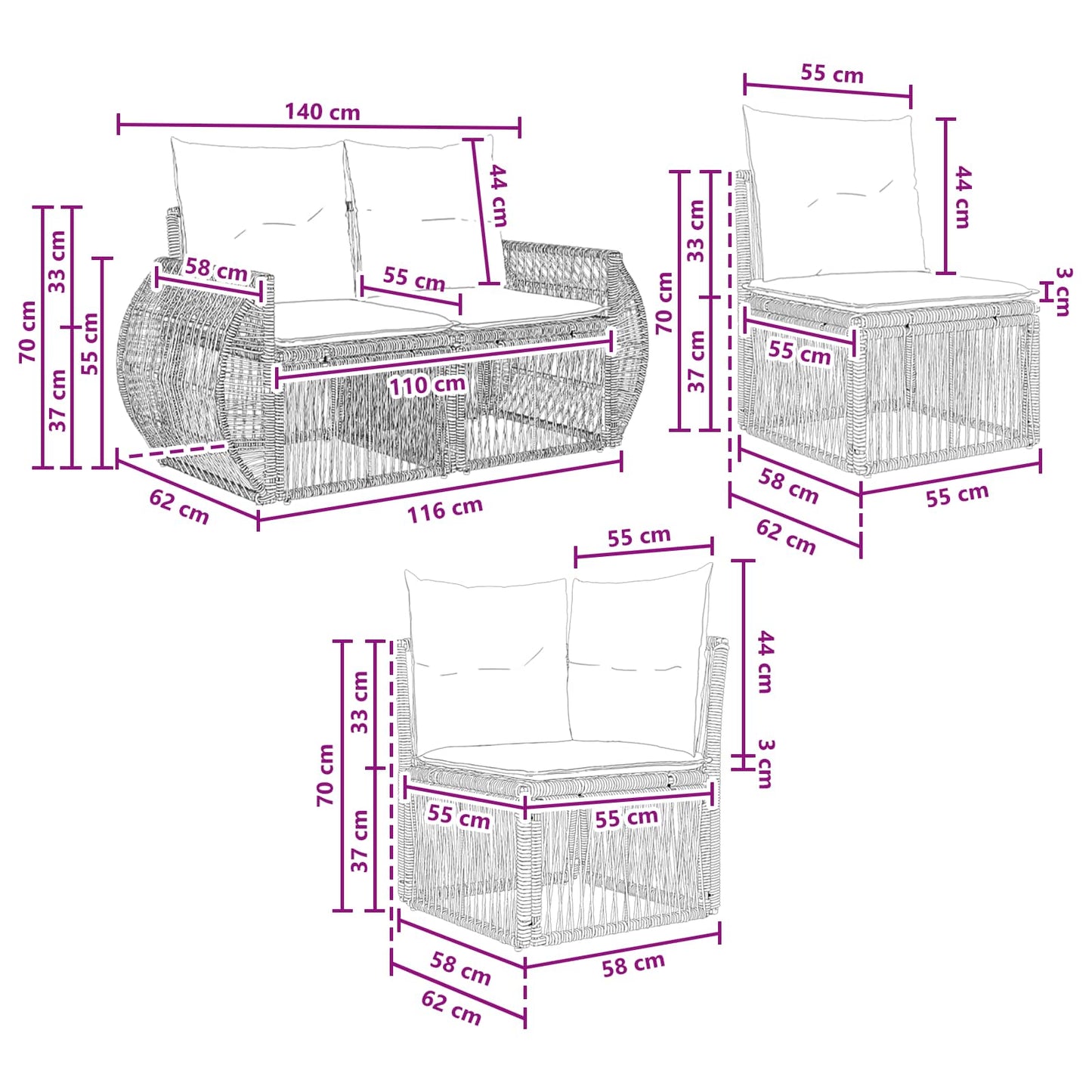 Tuinbankenset 11 pcs Zwart en Cream Wit poly rattan