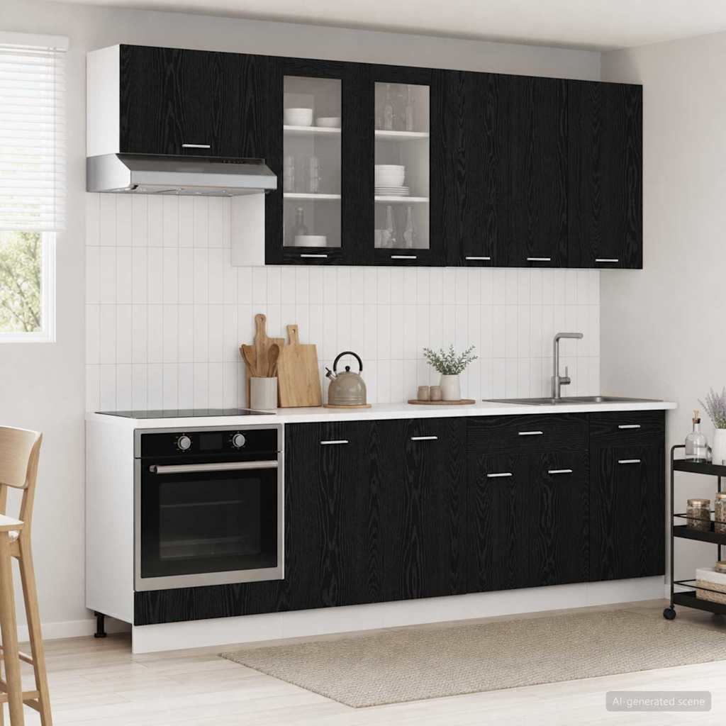 Keukenblok LYON 8 pcs Zwart eiken Bewerkt hout is nu te koop bij PeponiXL, paradijselijk wonen!