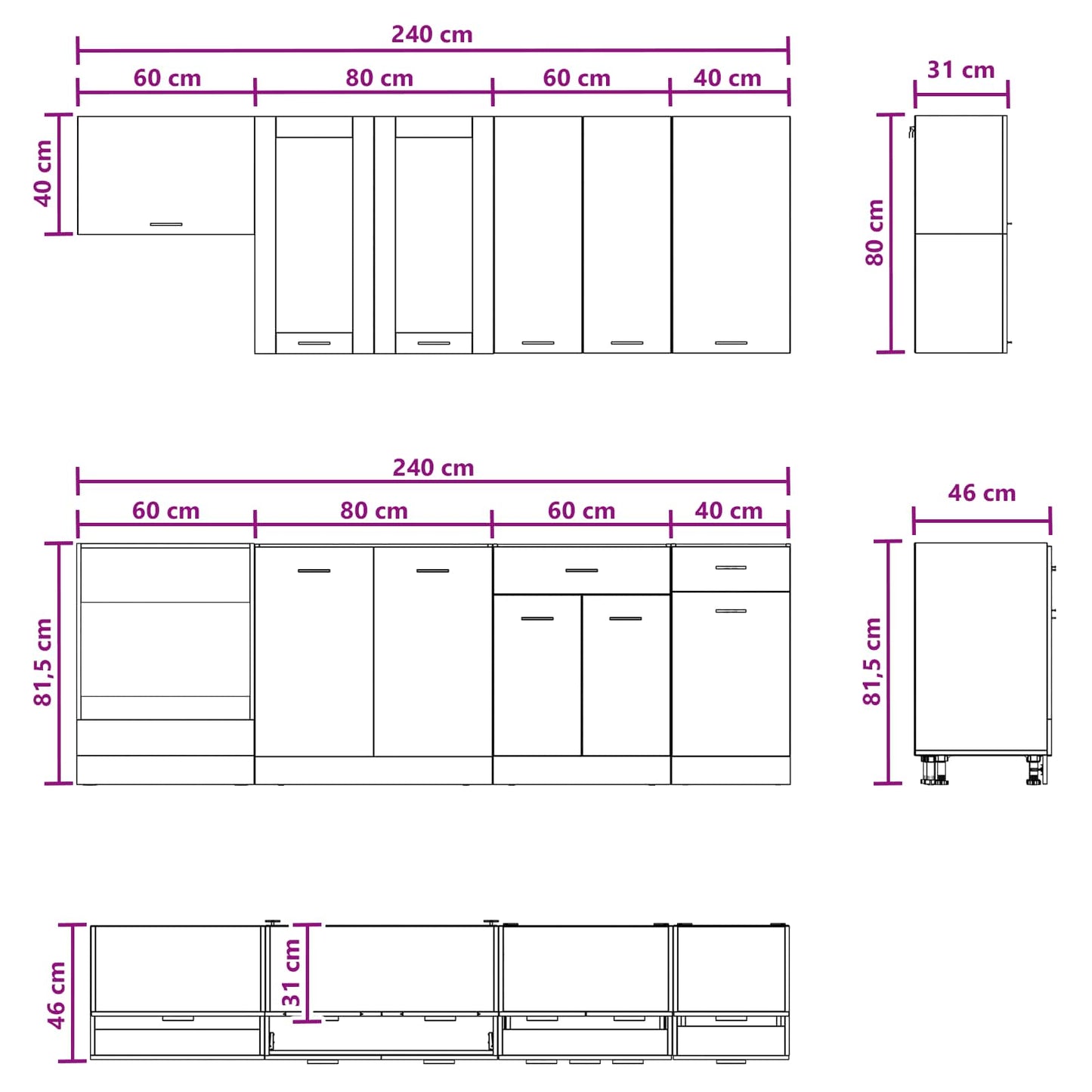 Keukenblok LYON 8 pcs Zwart eiken Bewerkt hout is nu te koop bij PeponiXL, paradijselijk wonen!