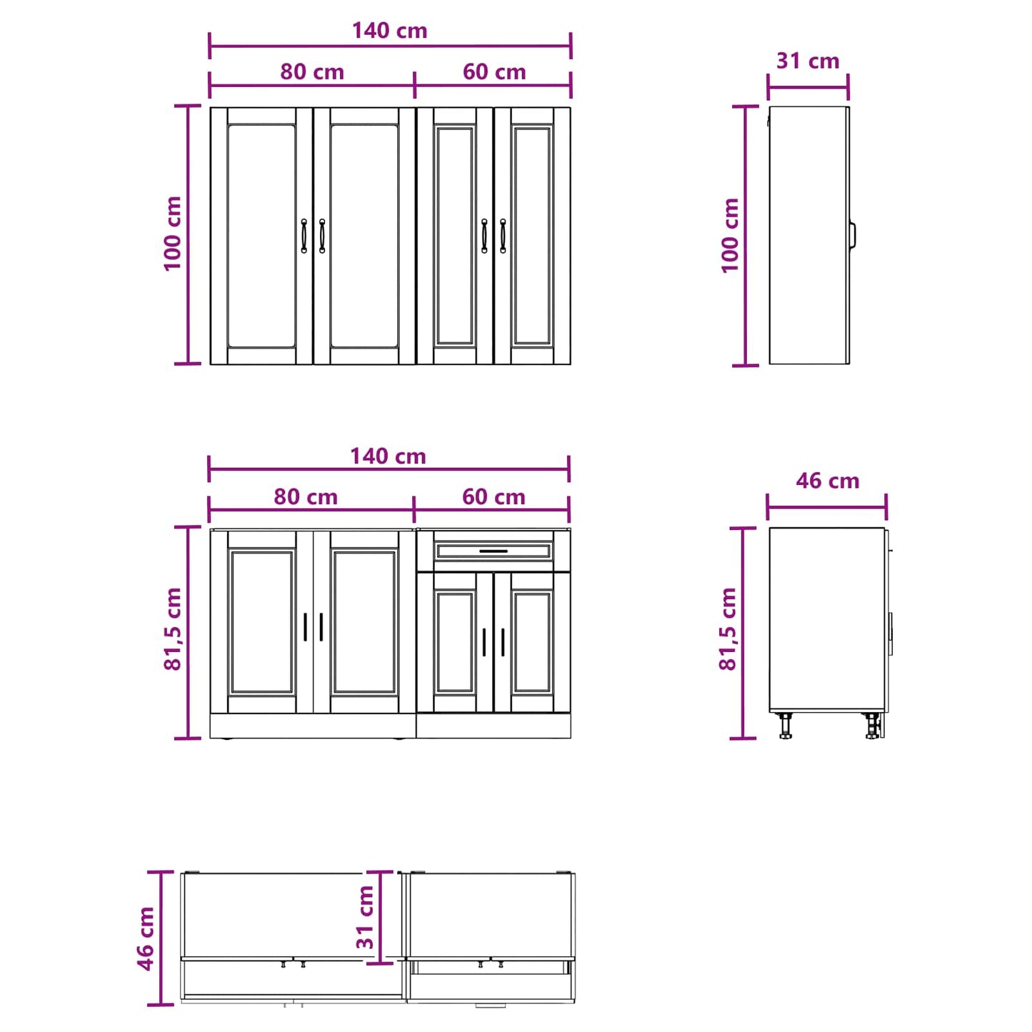 Keukenblok PORTO 4 pcs Bruin eiken Bewerkt hout is nu te koop bij PeponiXL, paradijselijk wonen!