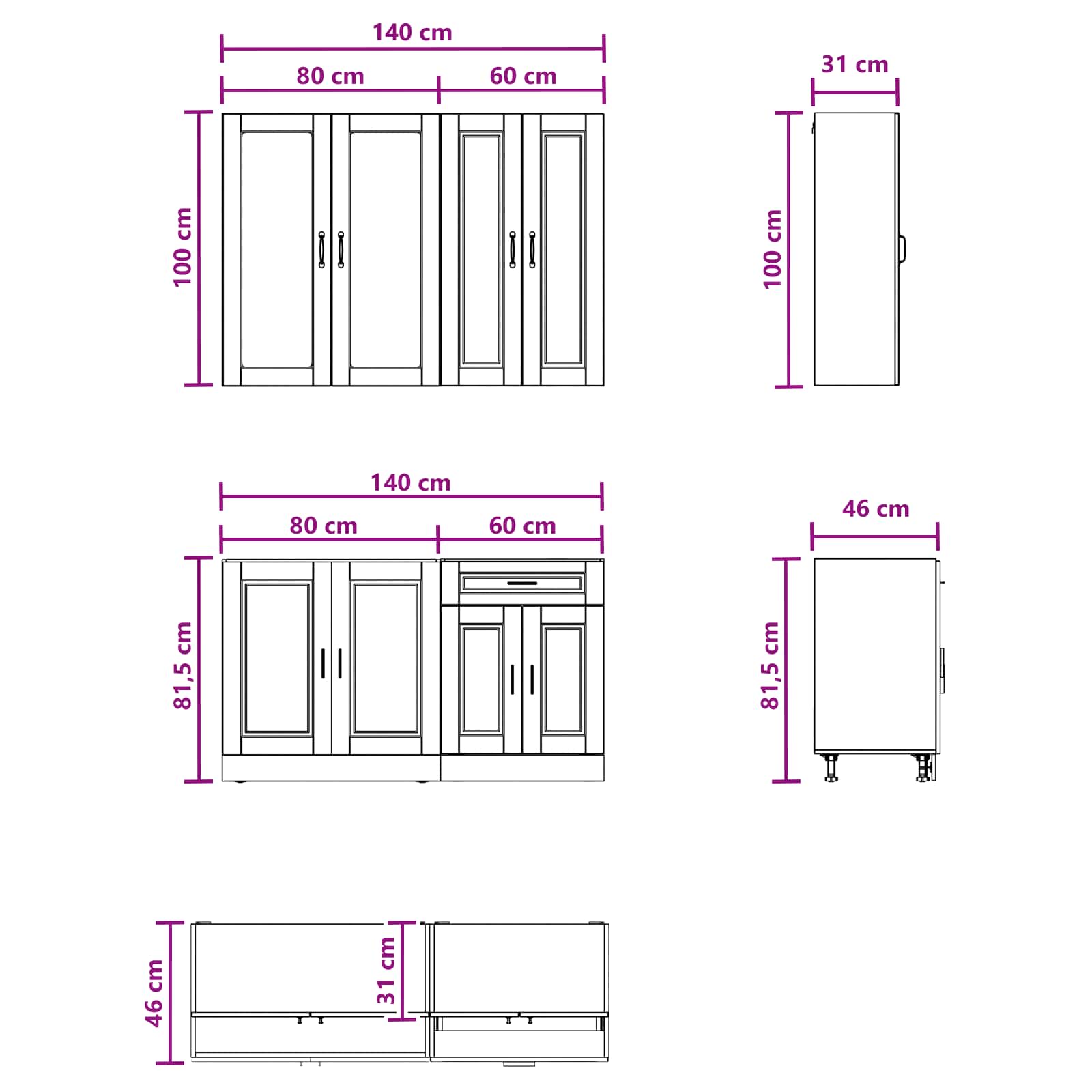 Keukenblok PORTO 4 pcs Bruin eiken Bewerkt hout is nu te koop bij PeponiXL, paradijselijk wonen!
