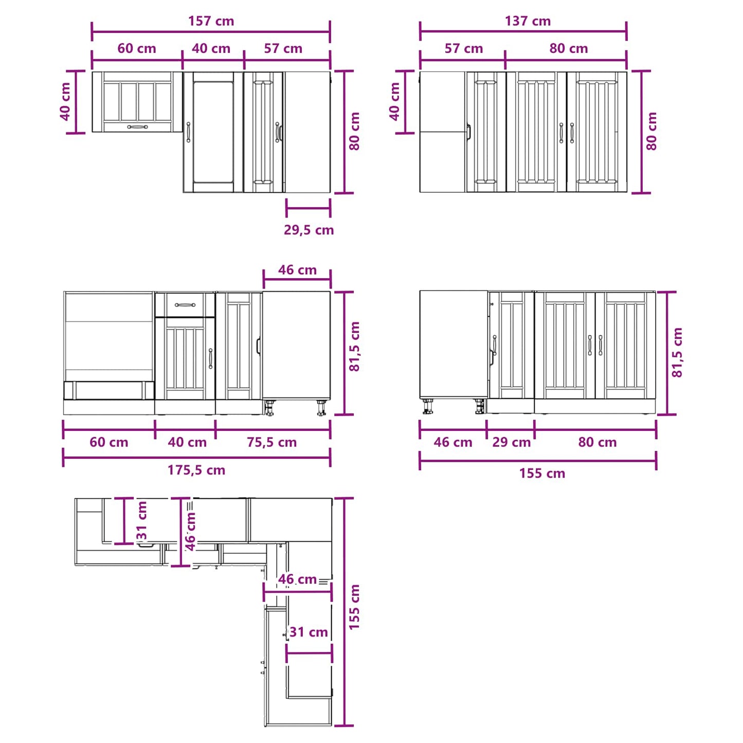 Keukenblok LUCCA 8 pcs Hoogglans Wit Bewerkt hout is nu te koop bij PeponiXL, paradijselijk wonen!