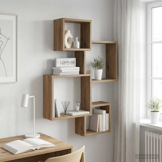 Wand Cube Planken Muurmontage Artisanaal eiken Bewerkt hout is nu te koop bij PeponiXL, paradijselijk wonen!