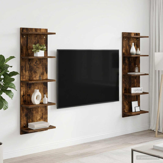 Wandplank 2 st Gerookt eiken 30 x 15 x 100 cm Bewerkt hout is nu te koop bij PeponiXL, paradijselijk wonen!