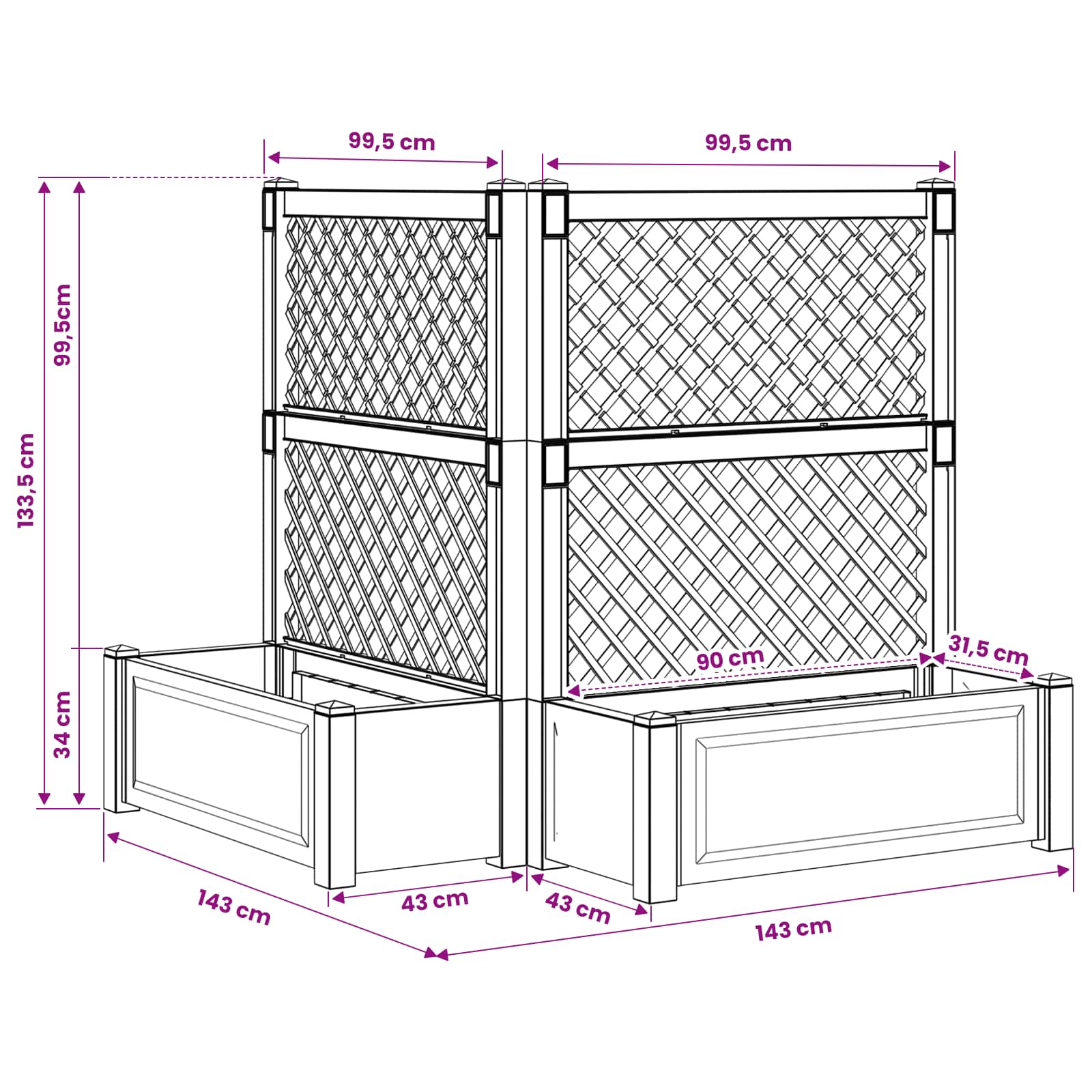 Grote plantenbak met trellis 2 pcs Wit 143 x 143 x 133,5 cm PP is nu te koop bij PeponiXL, paradijselijk wonen!