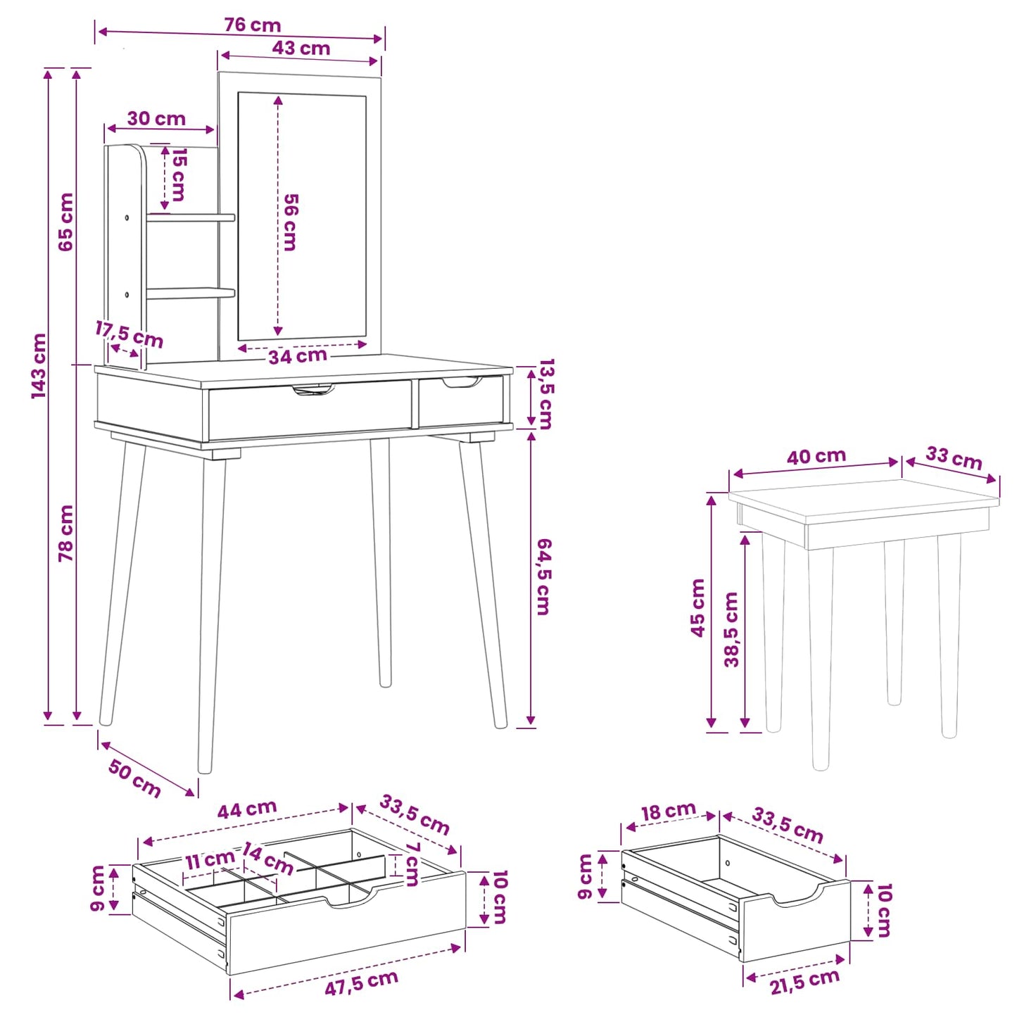 Toilettafel Set FAUSKE 4 pcs Wit 76 x 50 x 143 cm