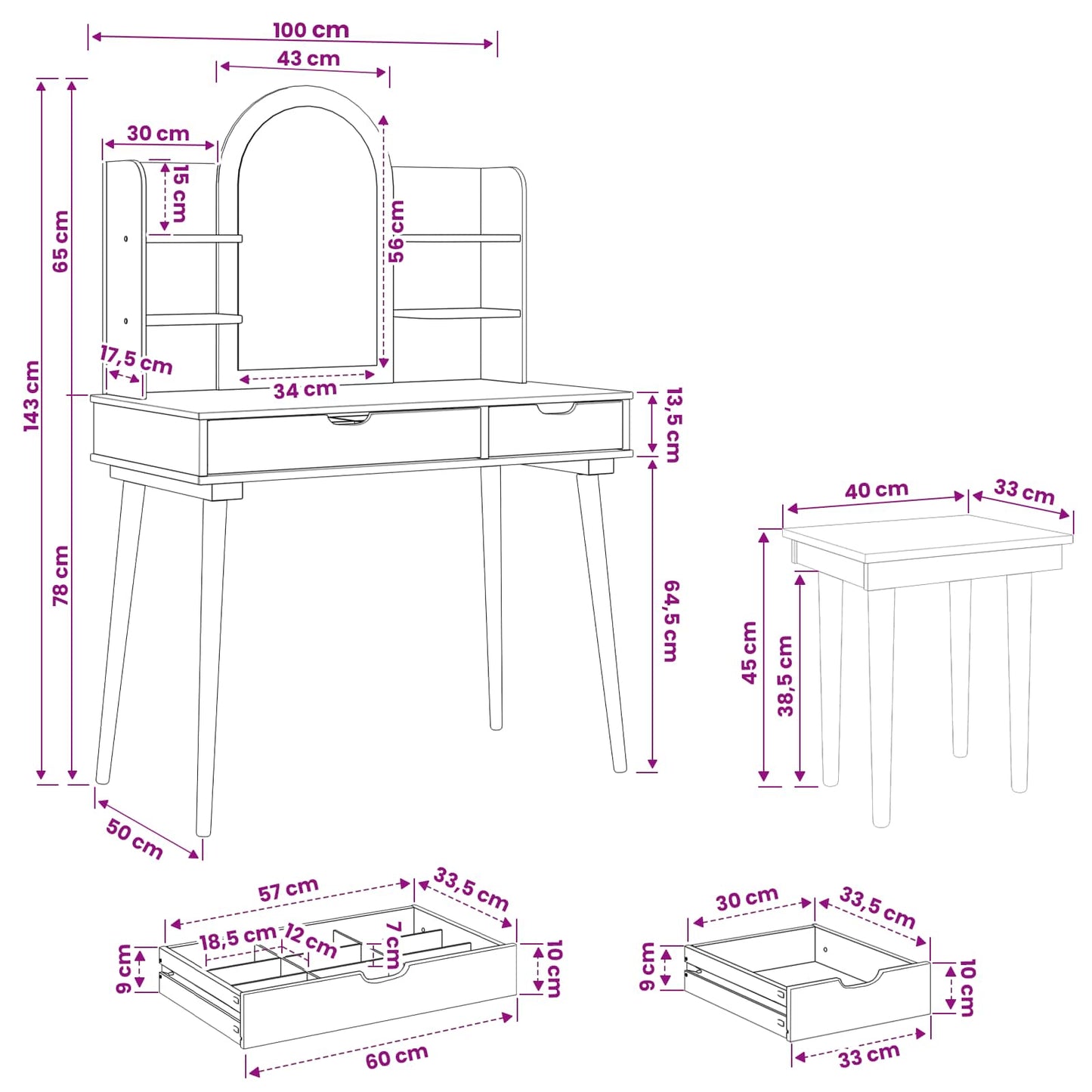Toilettafel Set FAUSKE 5 pcs Wit 100 x 50 x 143 cm