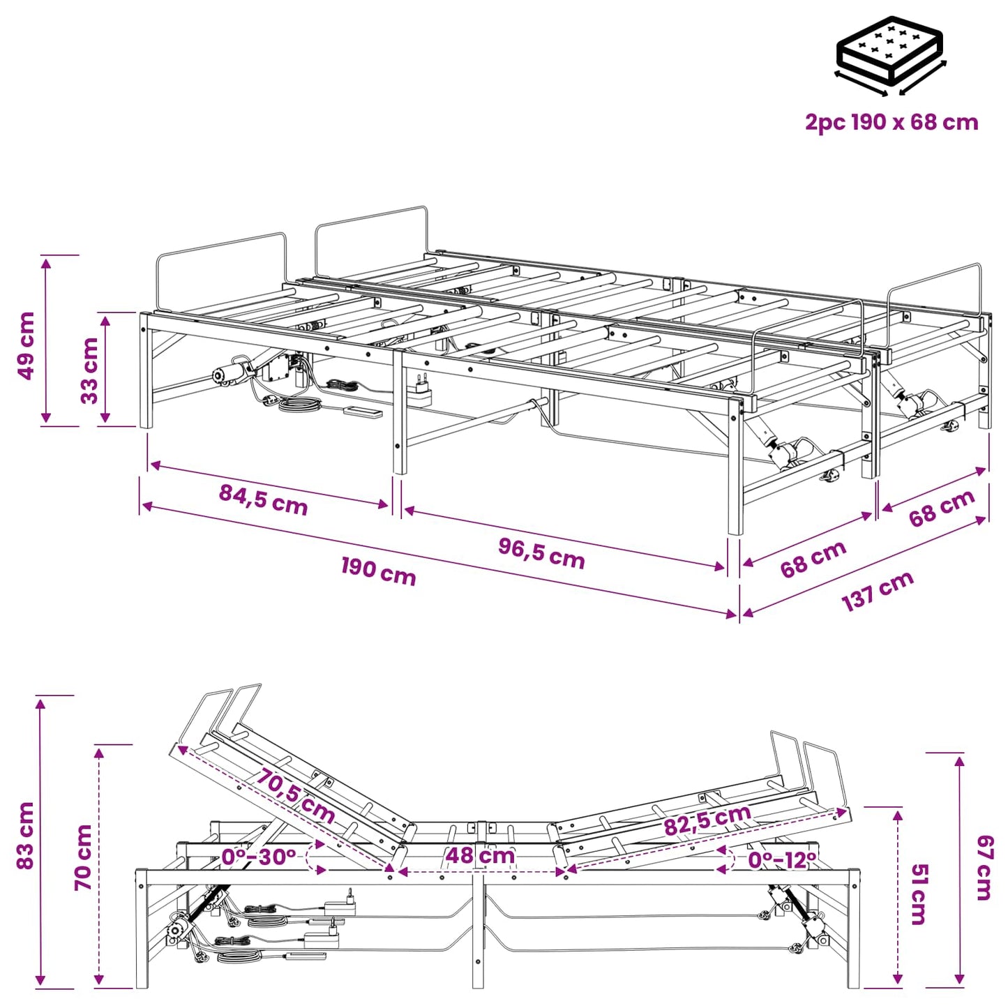 Elektrisch Verstelbaar Bedframe Wit 137 x 190 cm Staal