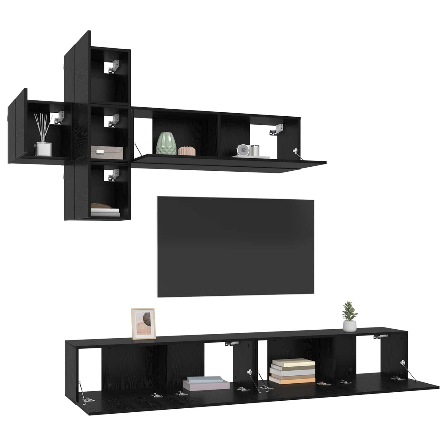 Tv-meubelset Wandgemonteerd 7-delig Zwart eiken Bewerkt hout is nu te koop bij PeponiXL, paradijselijk wonen!