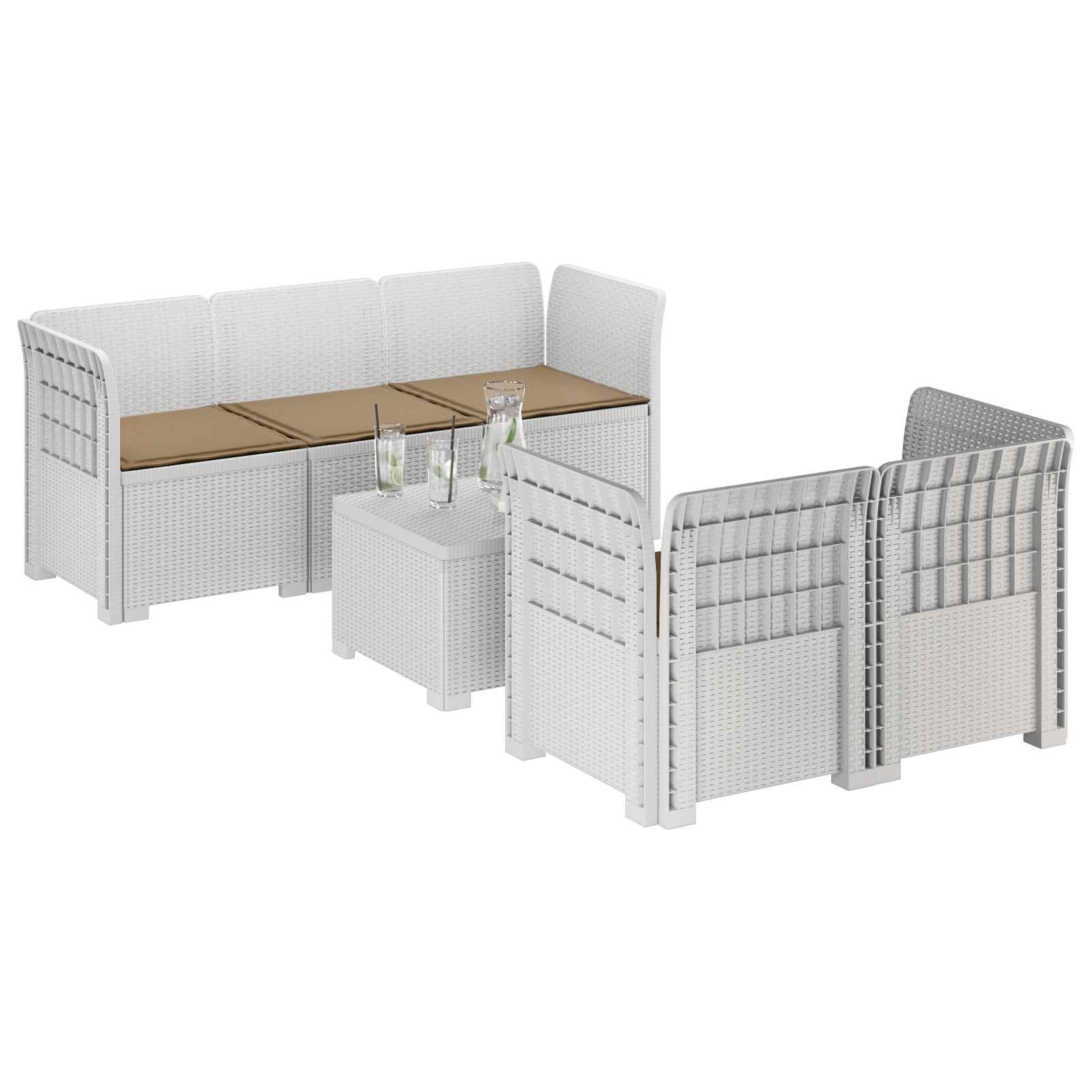 5-Zits Tuin Sofa met Kussens Rattan Look PP Wit is nu te koop bij PeponiXL, paradijselijk wonen!