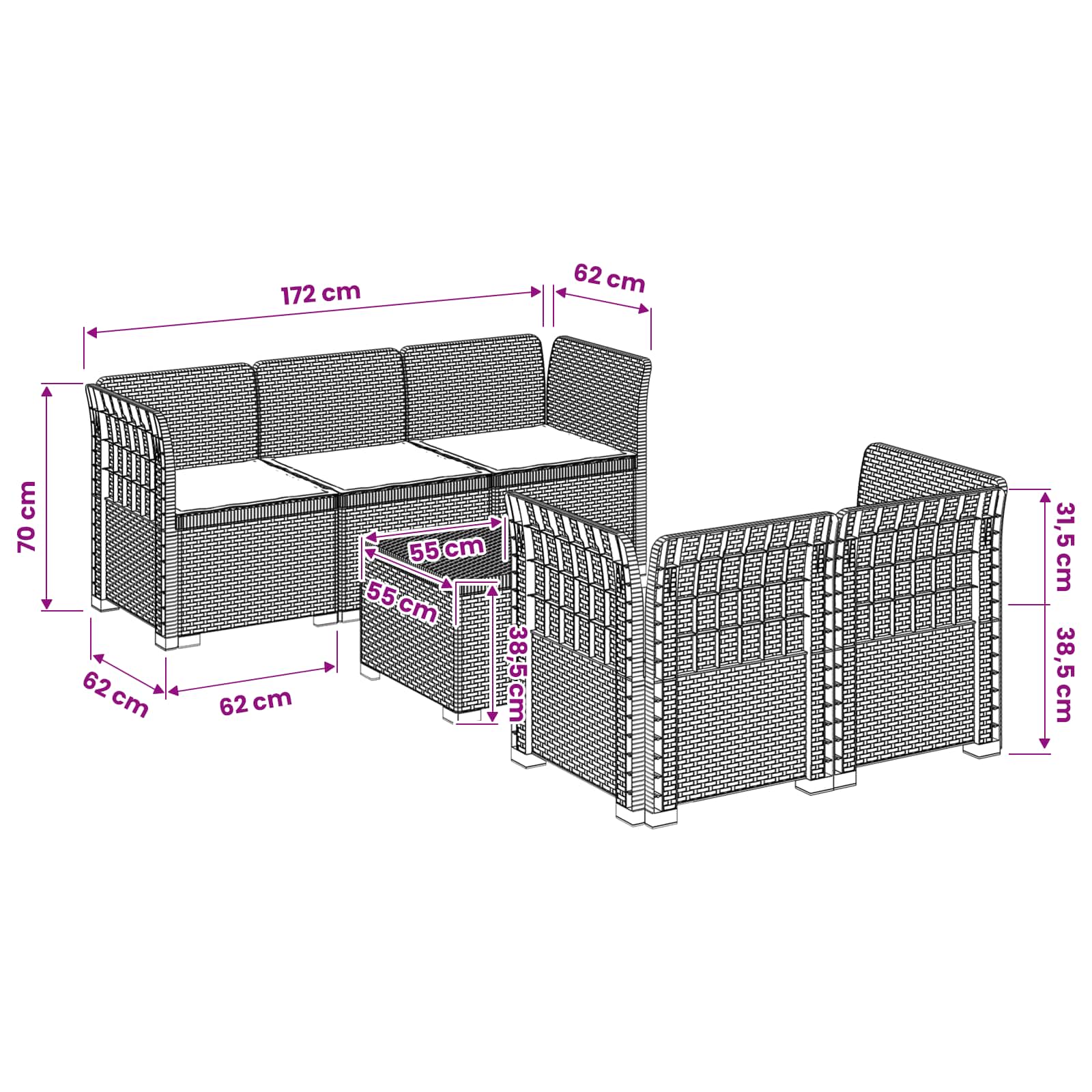5-Zits Tuin Sofa met Kussens Rattan Look PP Wit is nu te koop bij PeponiXL, paradijselijk wonen!