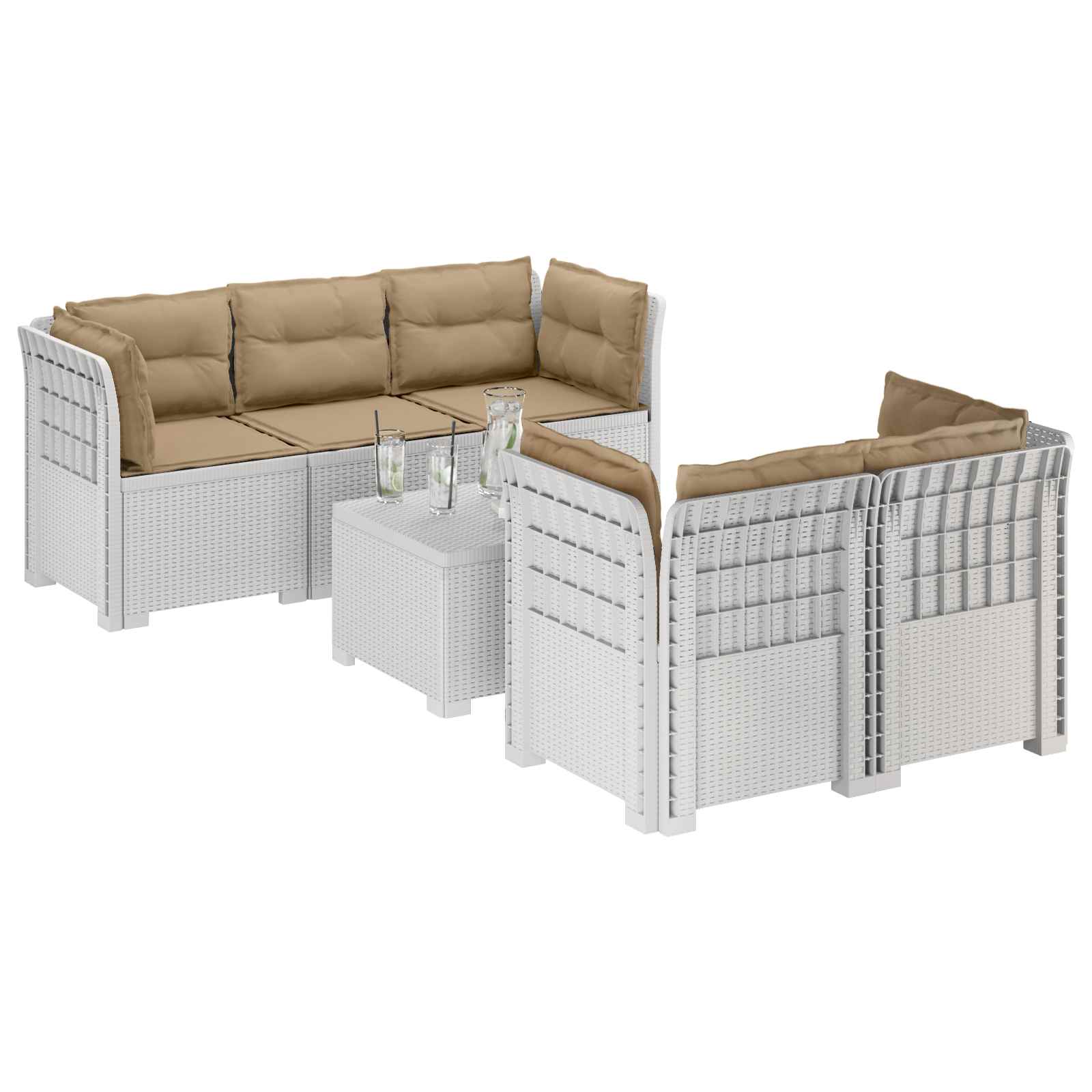 5-Zits Tuin Sofa met Kussens Rattan Look PP Wit is nu te koop bij PeponiXL, paradijselijk wonen!