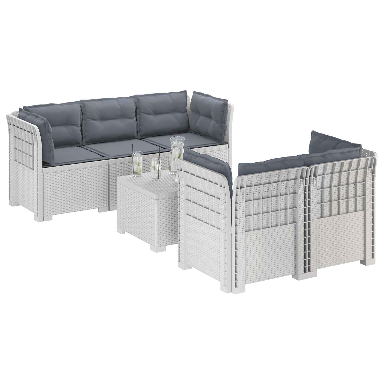 5-Zits Tuin Sofa met Kussens Rattan Look PP Wit is nu te koop bij PeponiXL, paradijselijk wonen!