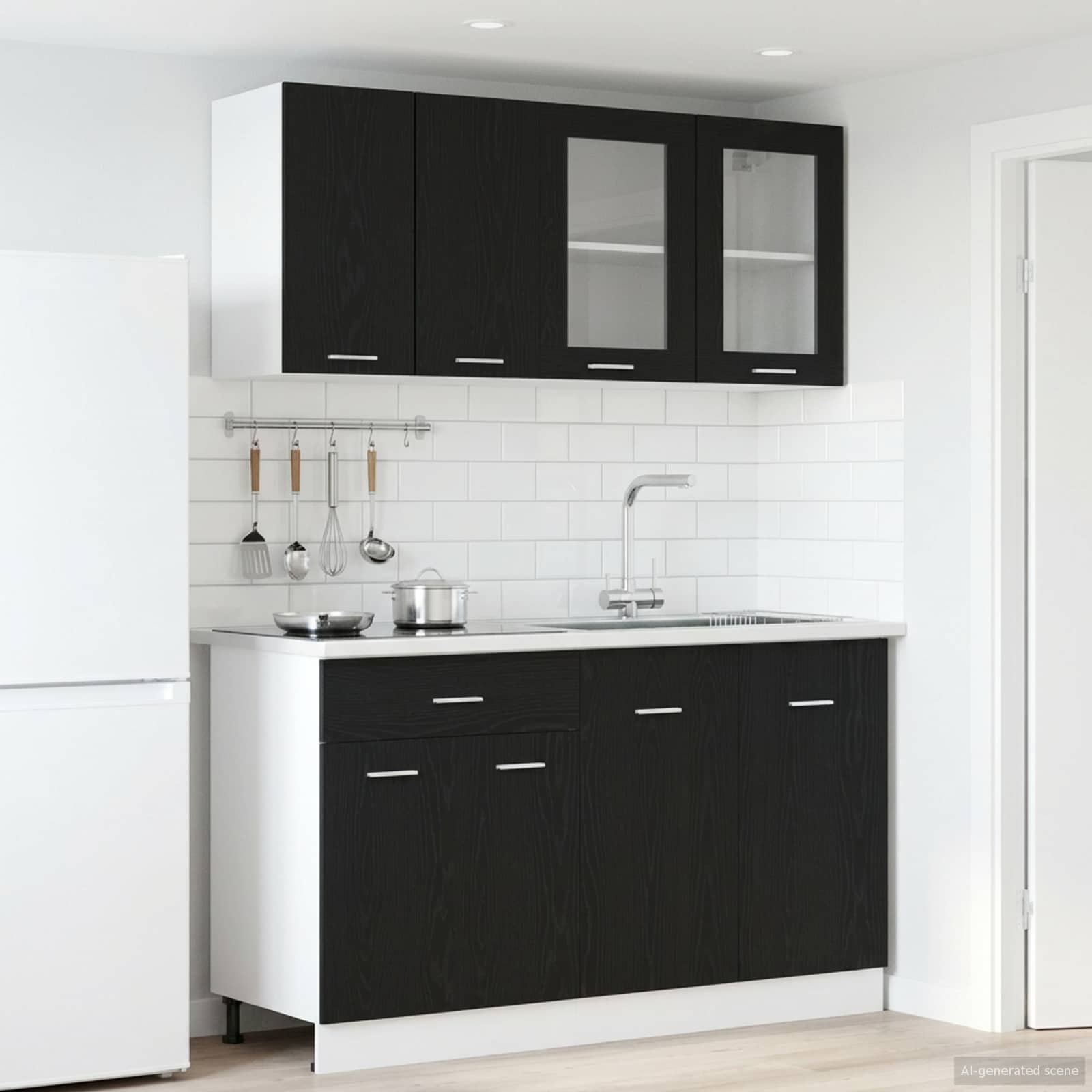 Keuken Eenheid LYON 4 pcs Zwart eiken Bewerkt hout is nu te koop bij PeponiXL, paradijselijk wonen!