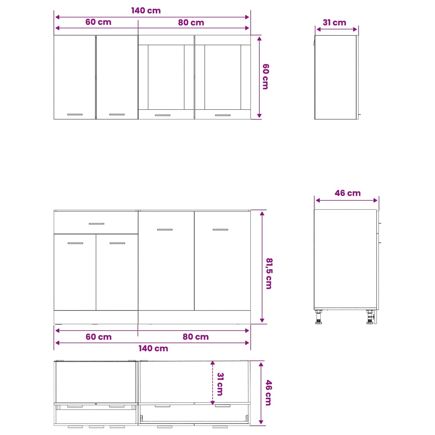Keuken Eenheid LYON 4 pcs Zwart eiken Bewerkt hout is nu te koop bij PeponiXL, paradijselijk wonen!
