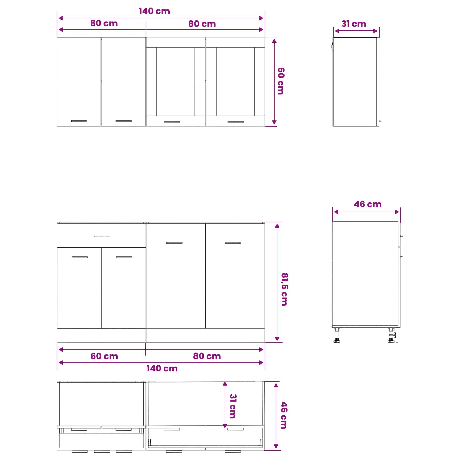 Keuken Eenheid LYON 4 pcs Zwart eiken Bewerkt hout is nu te koop bij PeponiXL, paradijselijk wonen!