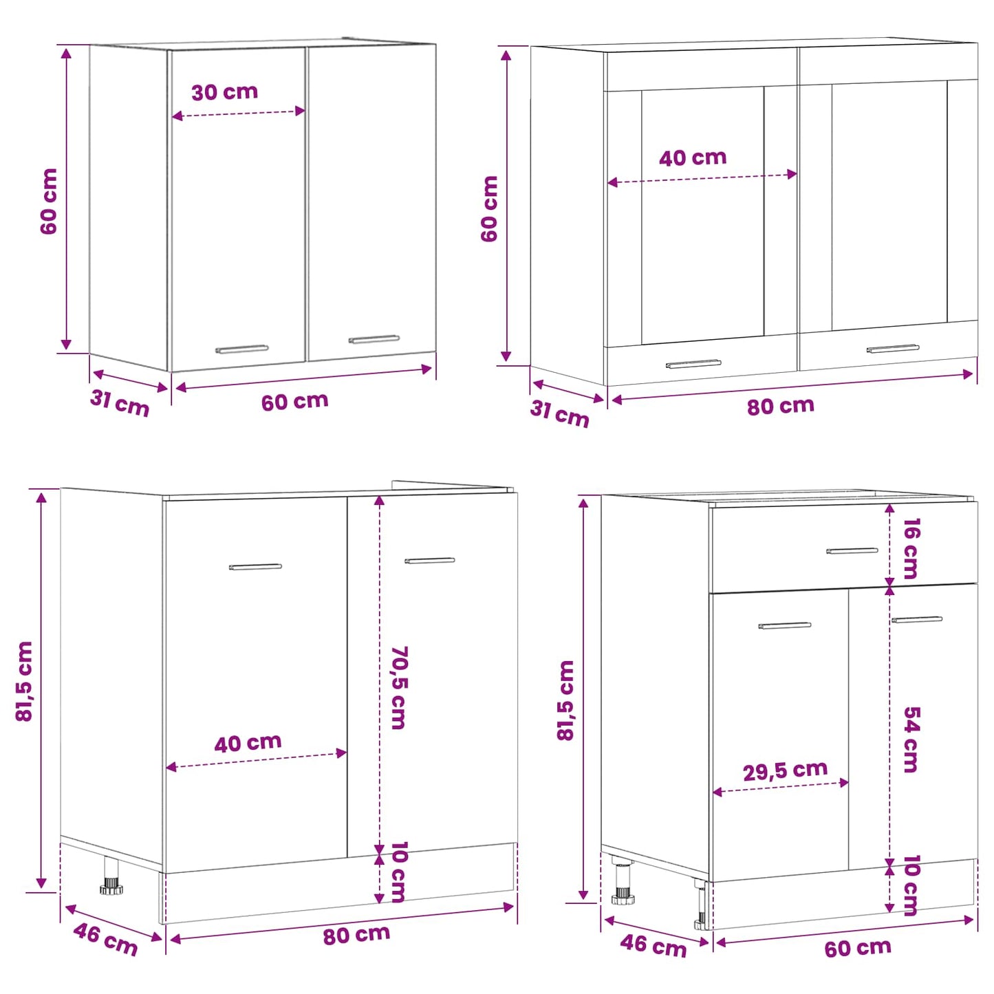 Keuken Eenheid LYON 4 pcs Zwart eiken Bewerkt hout is nu te koop bij PeponiXL, paradijselijk wonen!