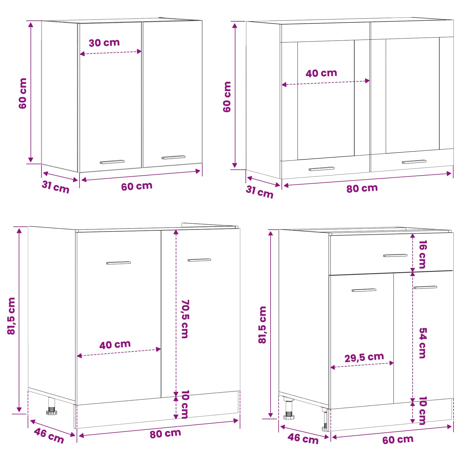 Keuken Eenheid LYON 4 pcs Zwart eiken Bewerkt hout is nu te koop bij PeponiXL, paradijselijk wonen!