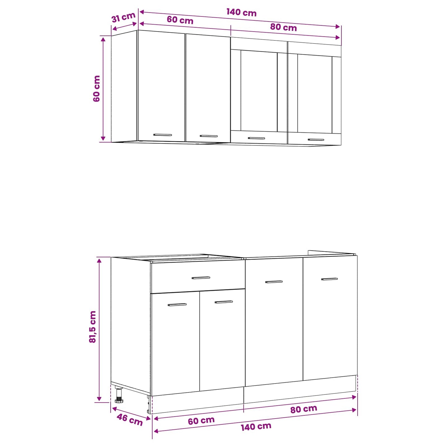 Keuken Eenheid LYON 4 pcs Zwart eiken Bewerkt hout is nu te koop bij PeponiXL, paradijselijk wonen!